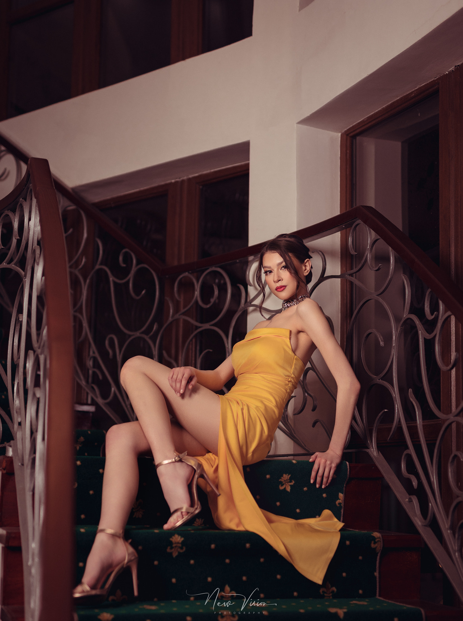 Andrei Lupu Women Brunette Makeup Dress Yellow Clothing Looking At Viewer Stairs Legs Heels 1528x2048