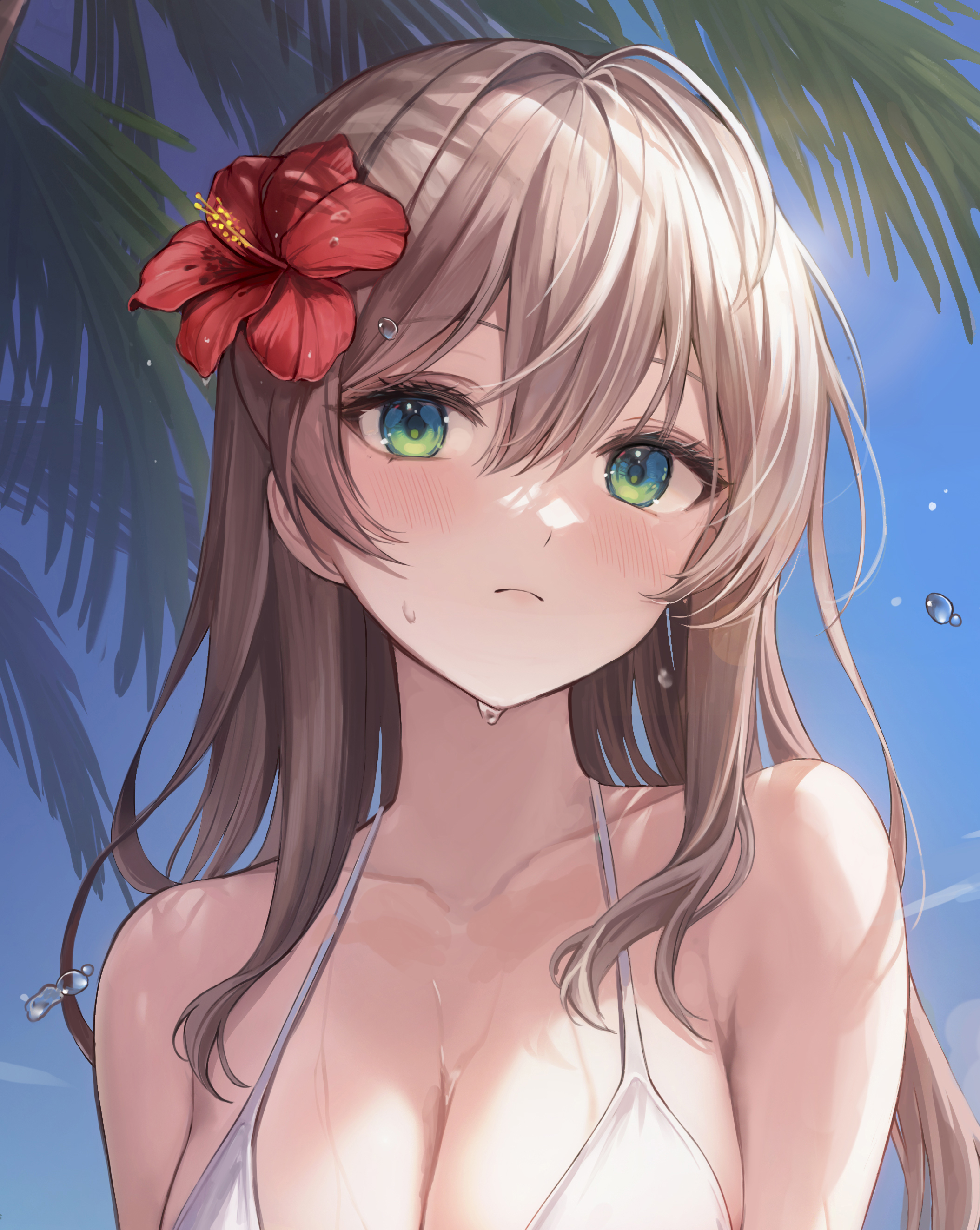 Anime Anime Girls Wet Green Eyes Water Drops Hibiscus Flower In Hair Blushing Palm Trees Looking At  2108x2646