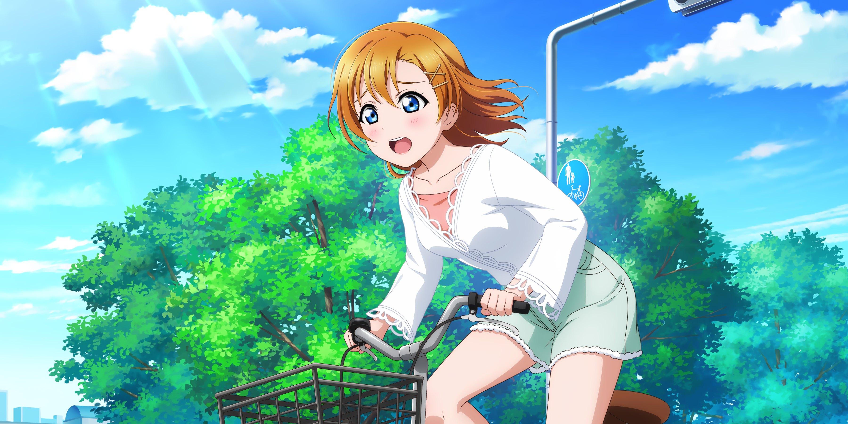 Kousaka Honoka Love Live Anime Girls Anime Sunlight Bicycle Clouds Sky Short Hair Short Shorts Trees 3600x1800