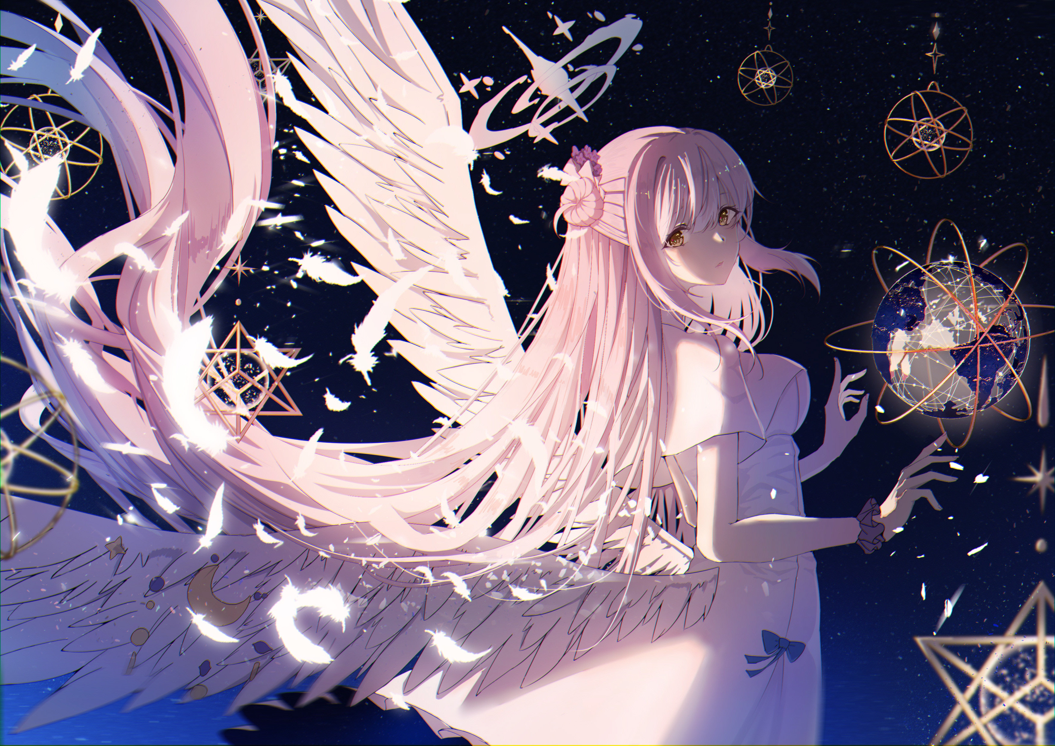 Anime Anime Girls Looking Back Dress White Dress Angel Wings Wings Looking At Viewer Feathers Yellow 3508x2480