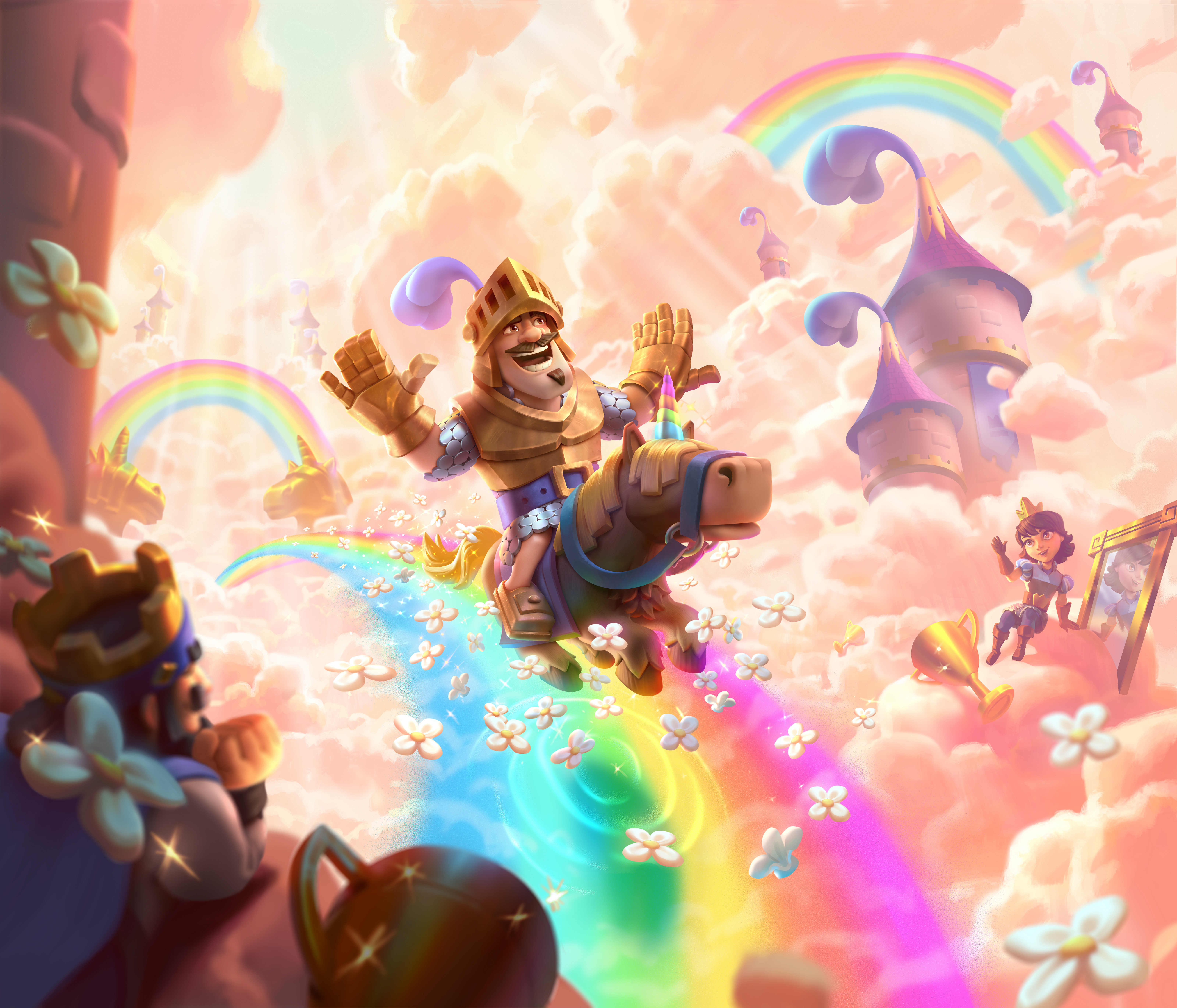 Clash Royale Video Game Art Rainbows Clouds Sun Rays Unicorn Horseman Knight Tower Video Game Charac 6400x5481