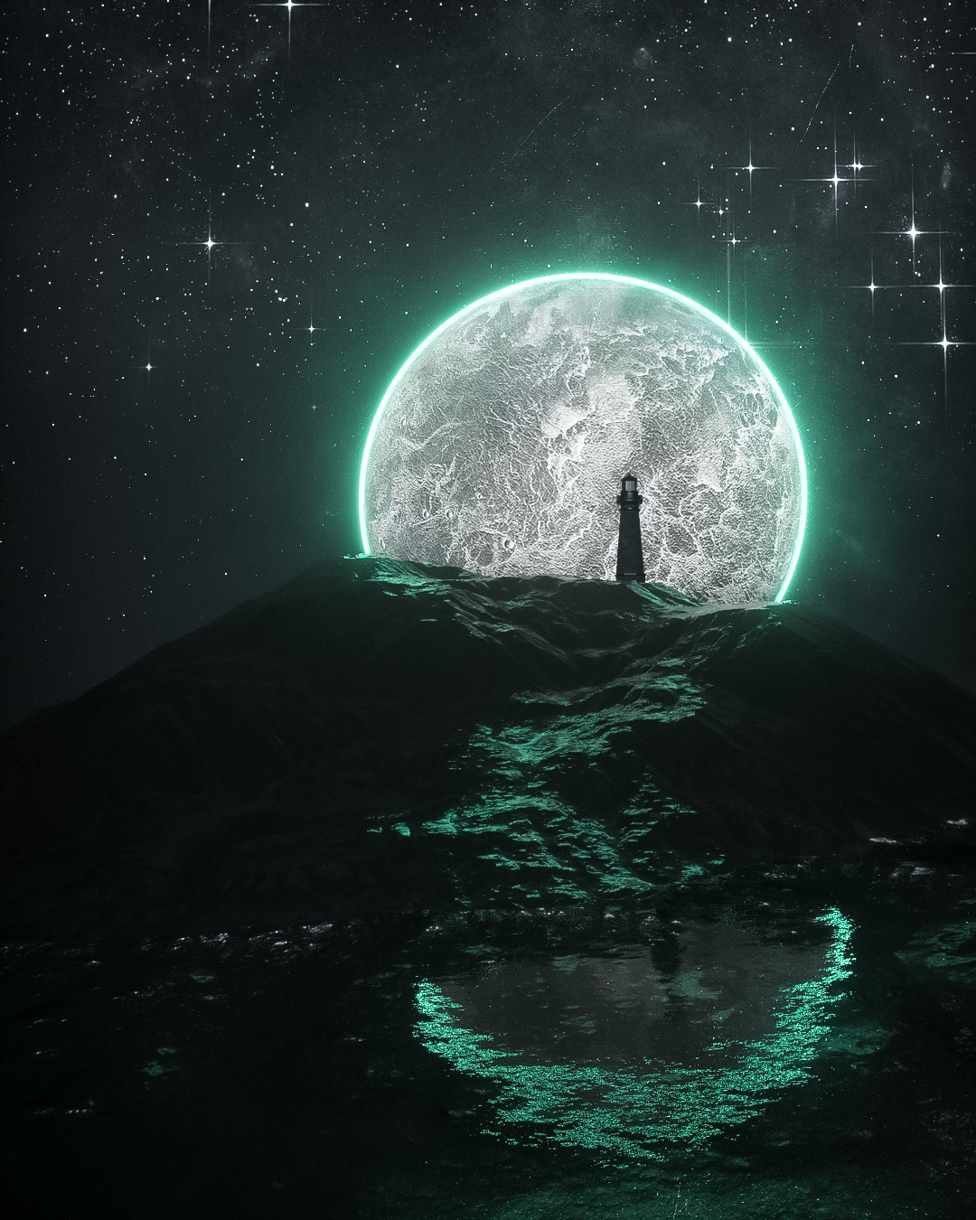 3D Abstract Abstract Lighthouse Moon Landscape Reflection Stars Floating Particles Moonlight Glowing 1080x1350