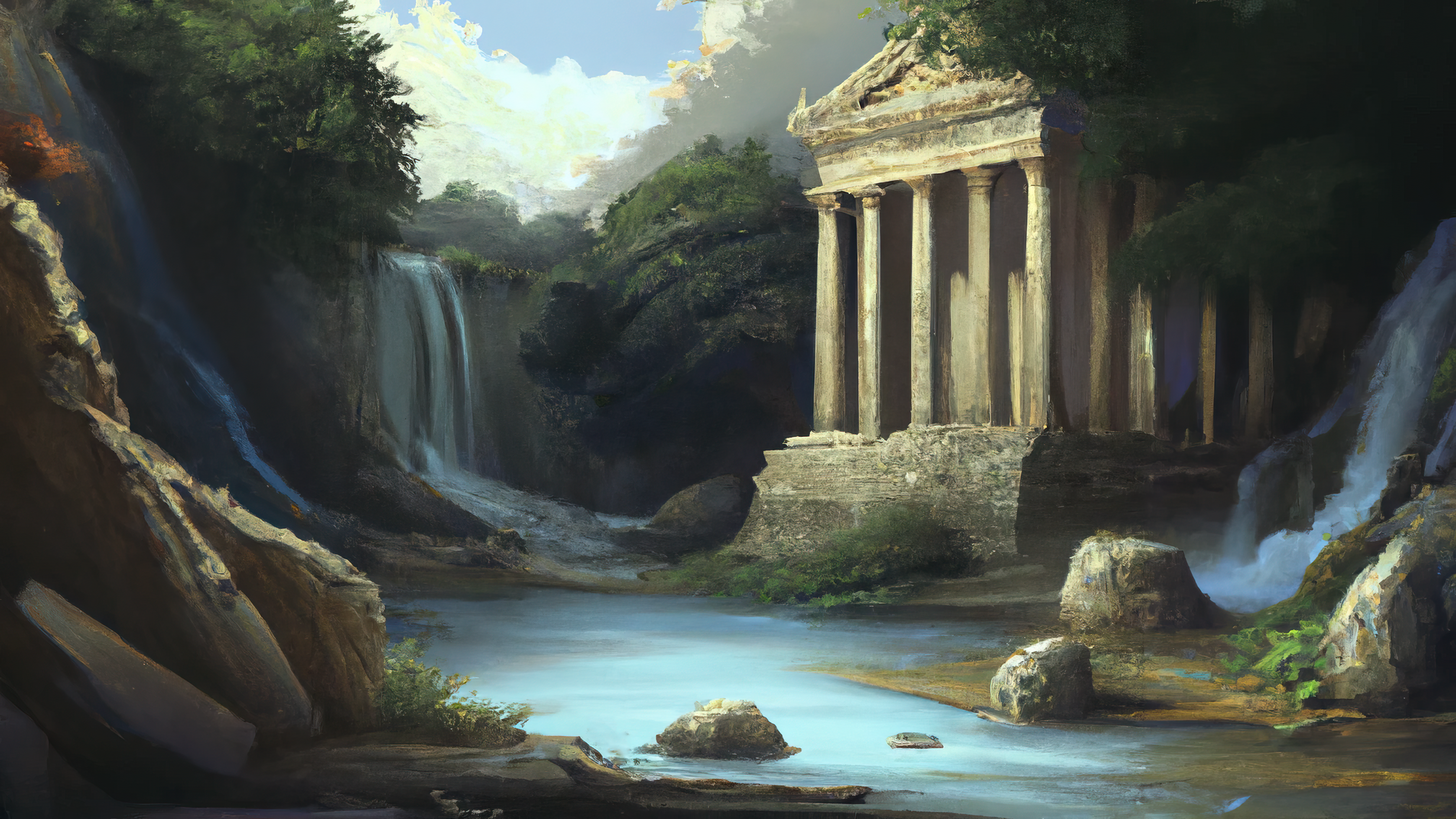 Ai Art Ai Painting Painting Temple Ancient Temple Waterfall Rome Ancient Rome Greece Ancient Greece  3072x1728