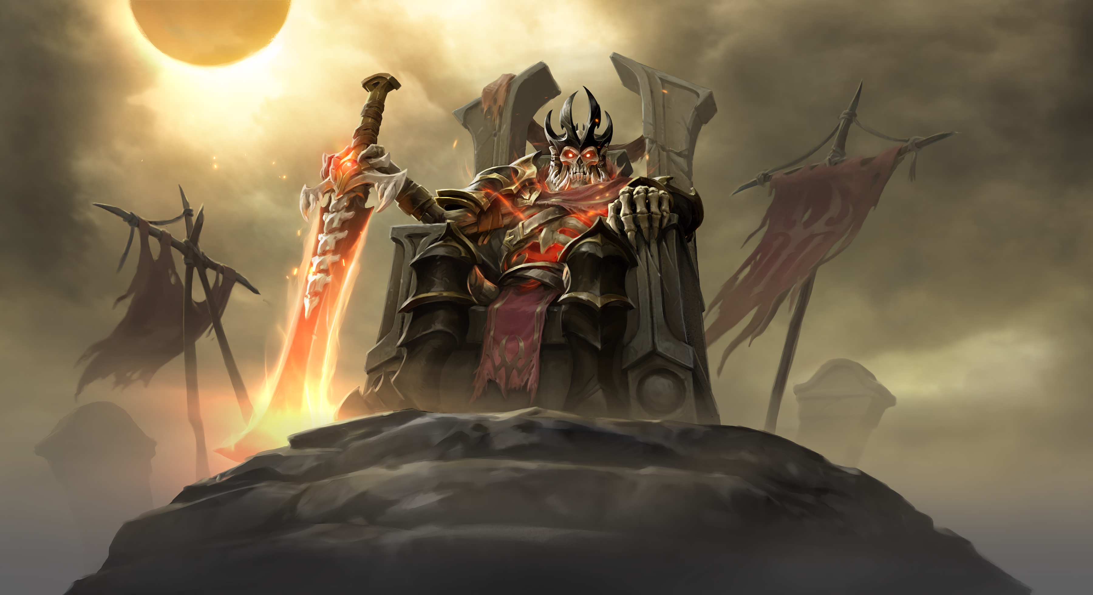Dota 2 Wraith King Arcana Wraith King Throne Flaming Sword Skeleton  Skeleton King Video Games Video Wallpaper - Resolution:3600x1960 -  ID:1358169 