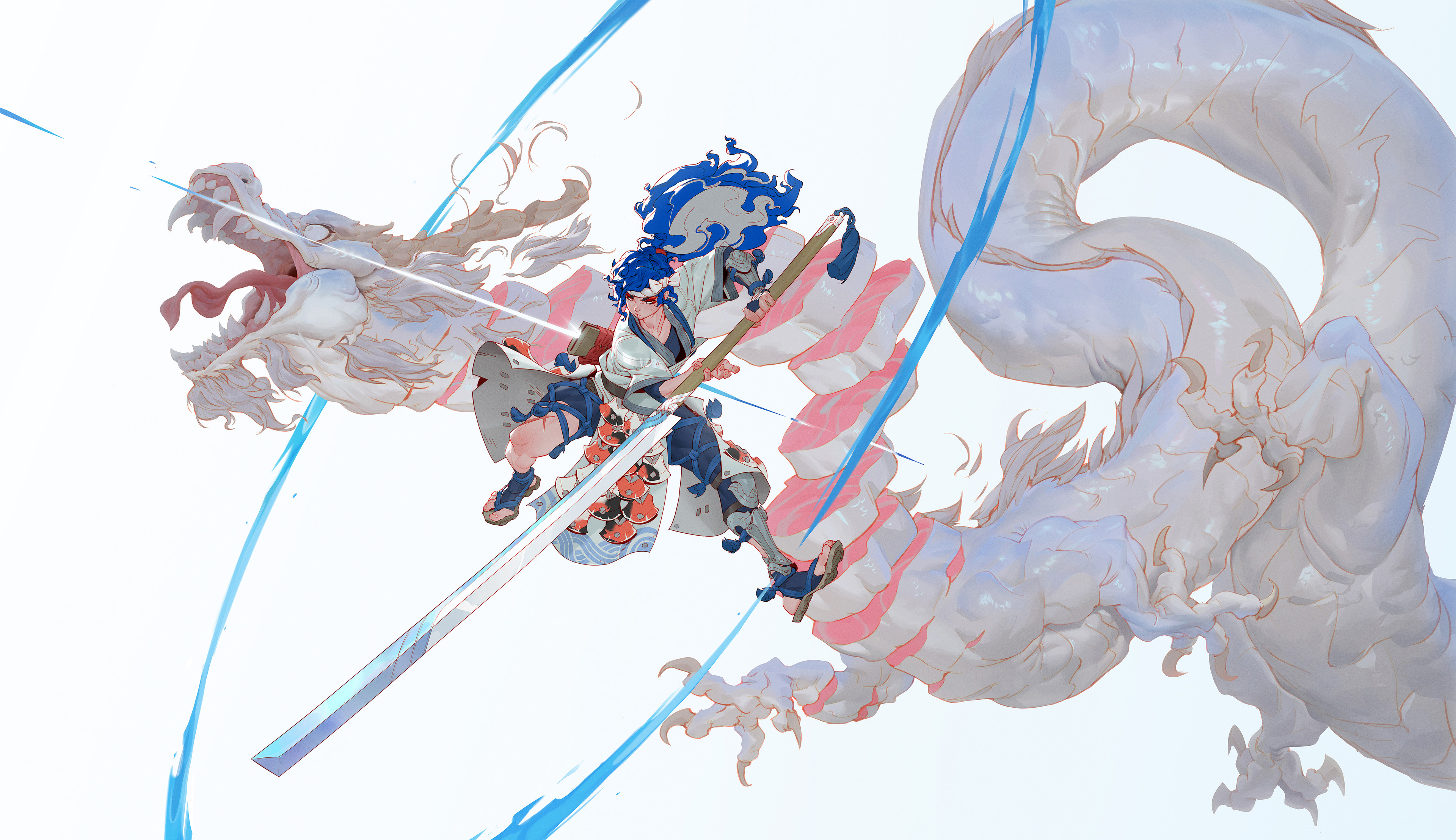 Artwork Digital Art Sword Dragon White Background Anime Boys Weapon Simple Background Minimalism 3840x2216
