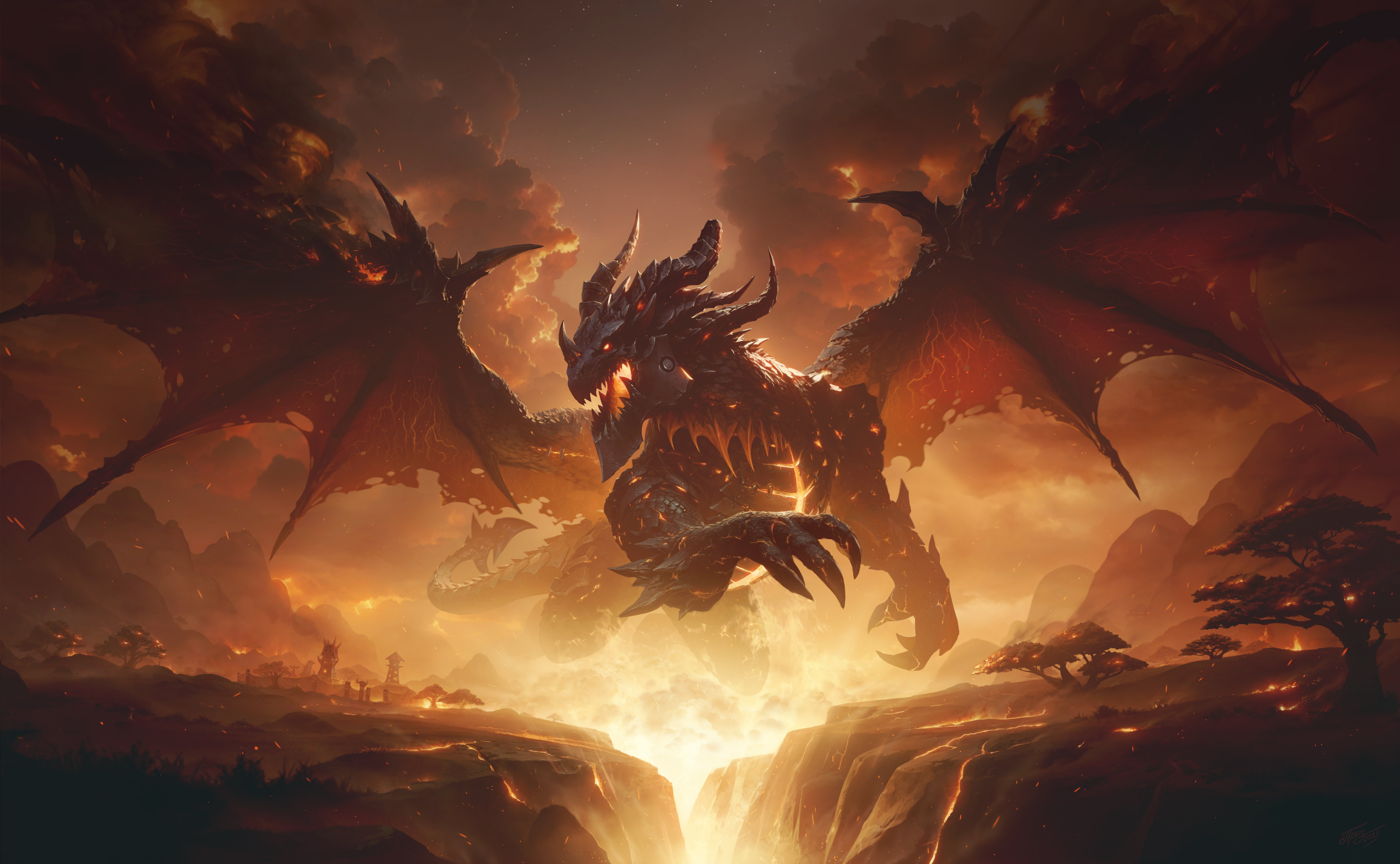 World Of Warcraft World Of Warcraft Cataclysm Warcraft Dragon Fire Fire Dragon Mountains Digital Art 7171x4425