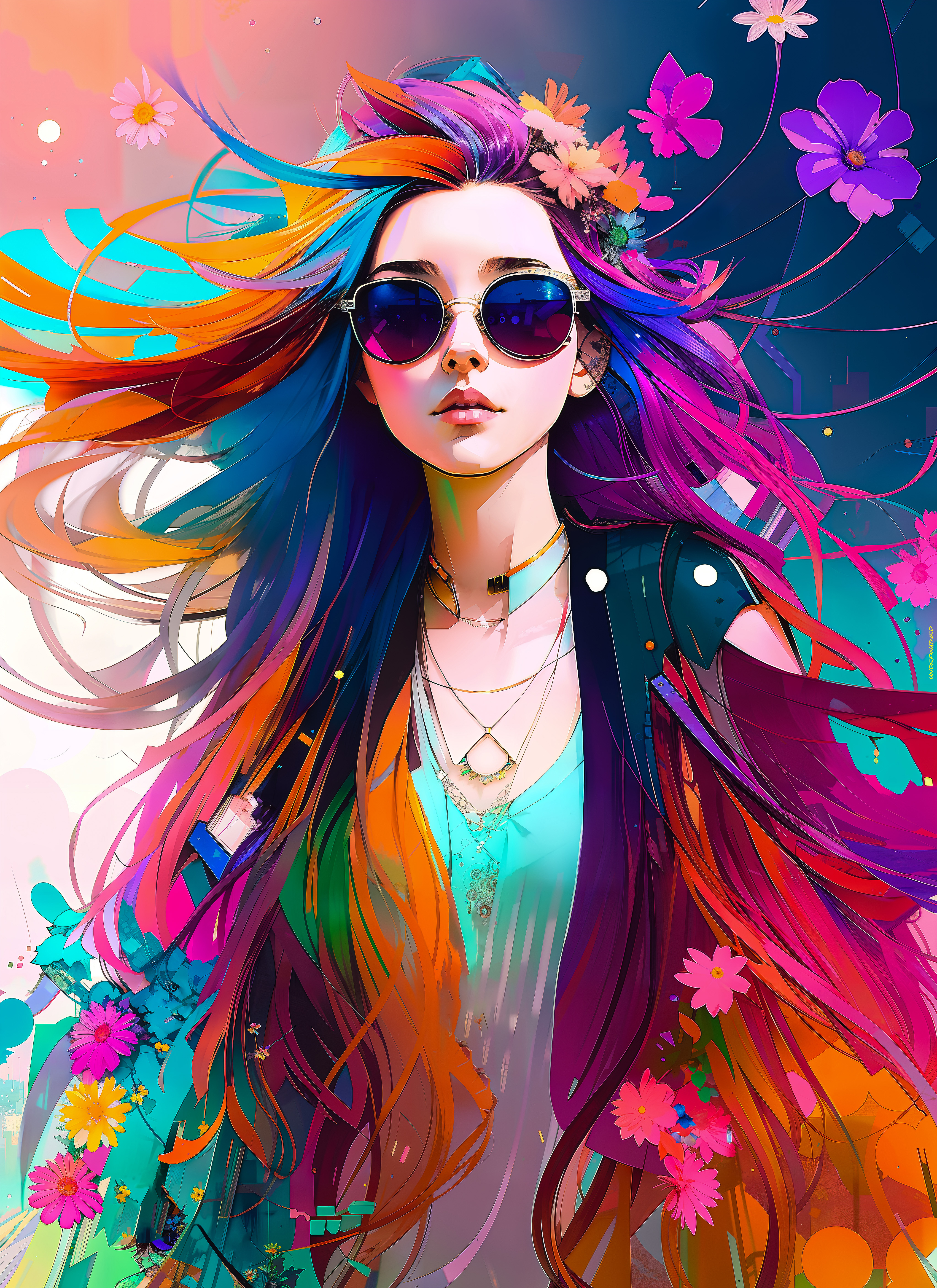 Ai Art Inkpunk Color Burst Colorful Vertical Artwork Long Hair Sunglasses Flowers Flower In Hair 4096x5632