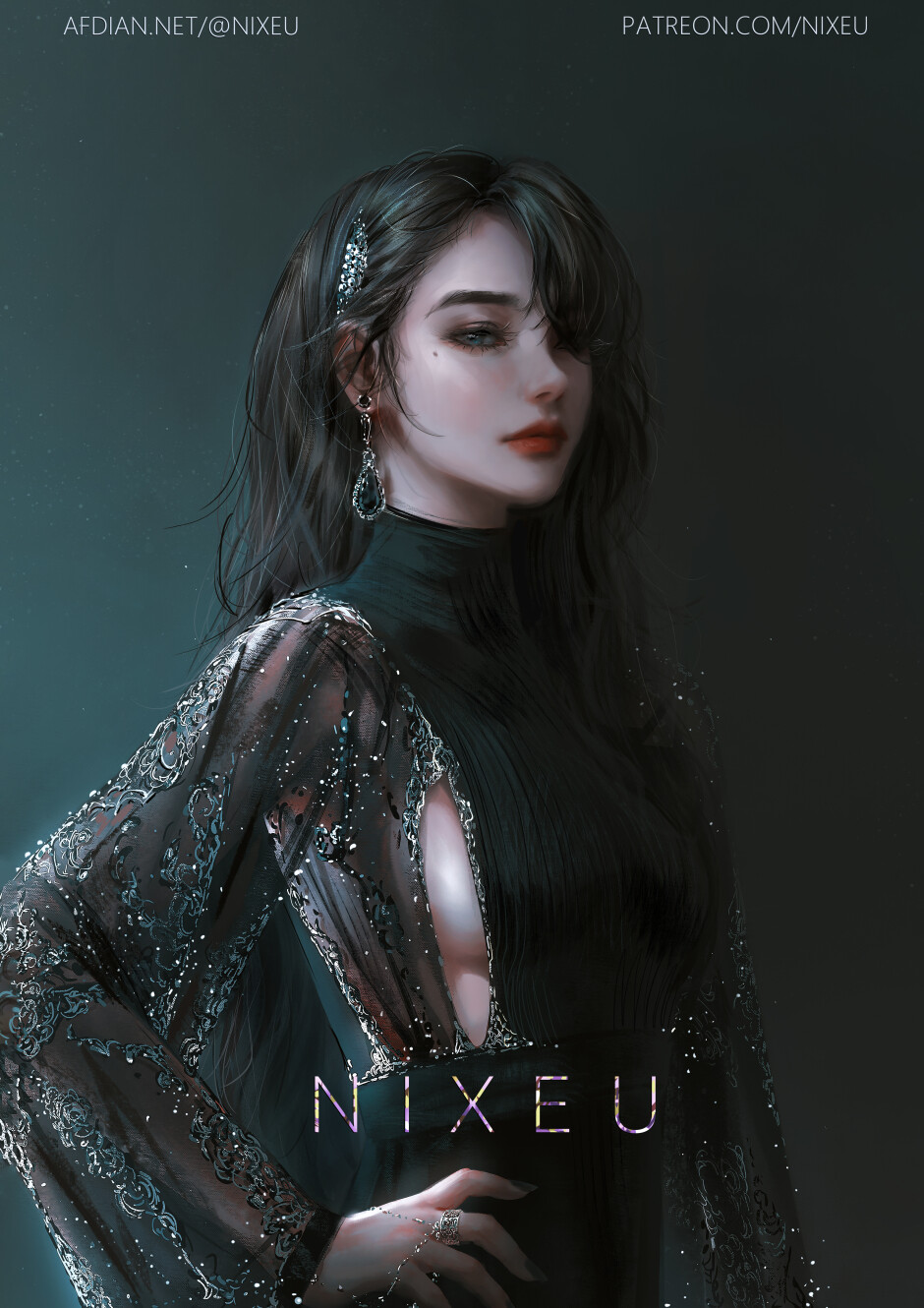 Nixeu Digital Digital Art Illustration Drawing Women Character Design Black Hair Black Dress Artwork 940x1330