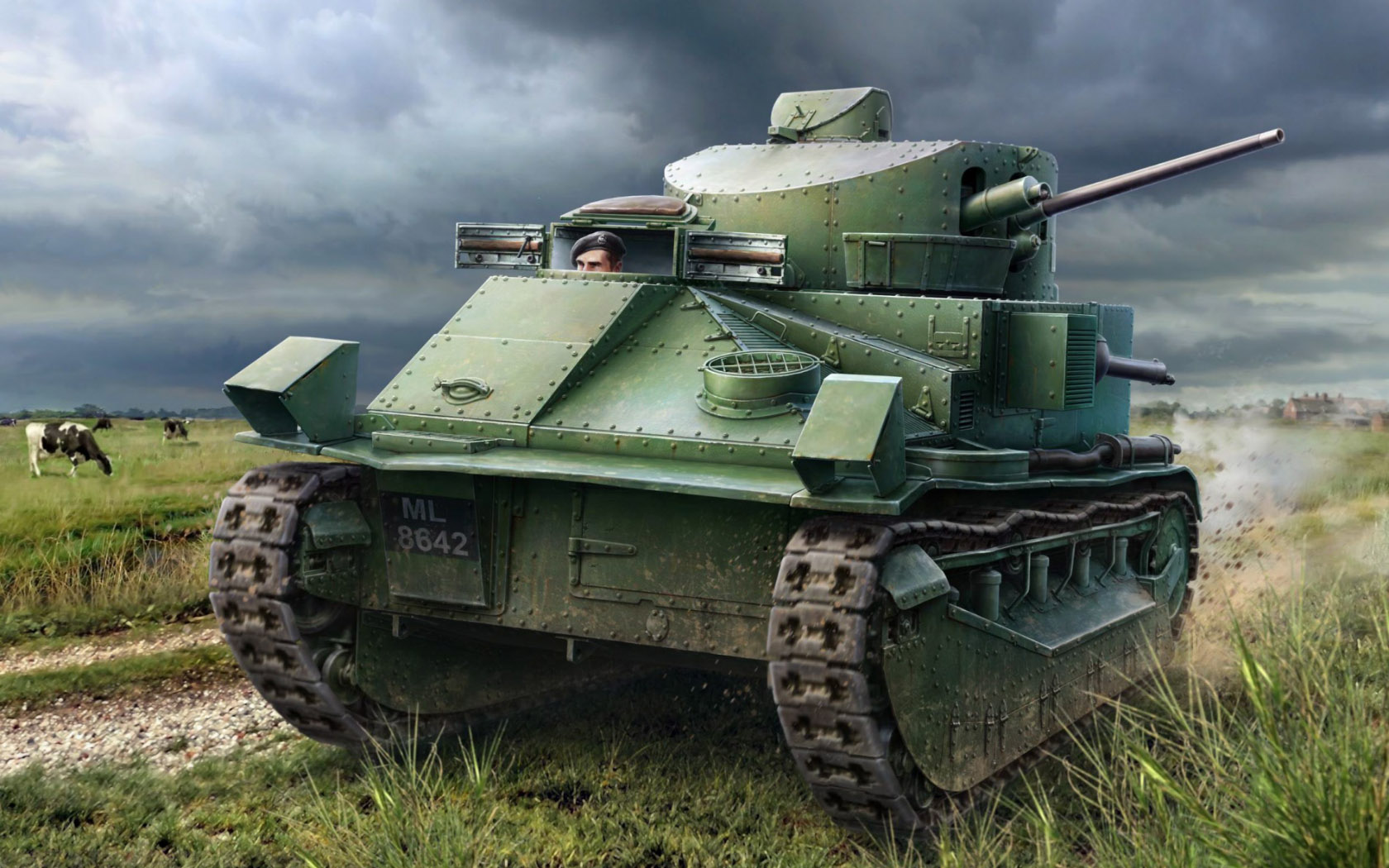 Tank Sky Cow Army Military Military Vehicle Clouds Grass Animals Soldier Artwork 1680x1050