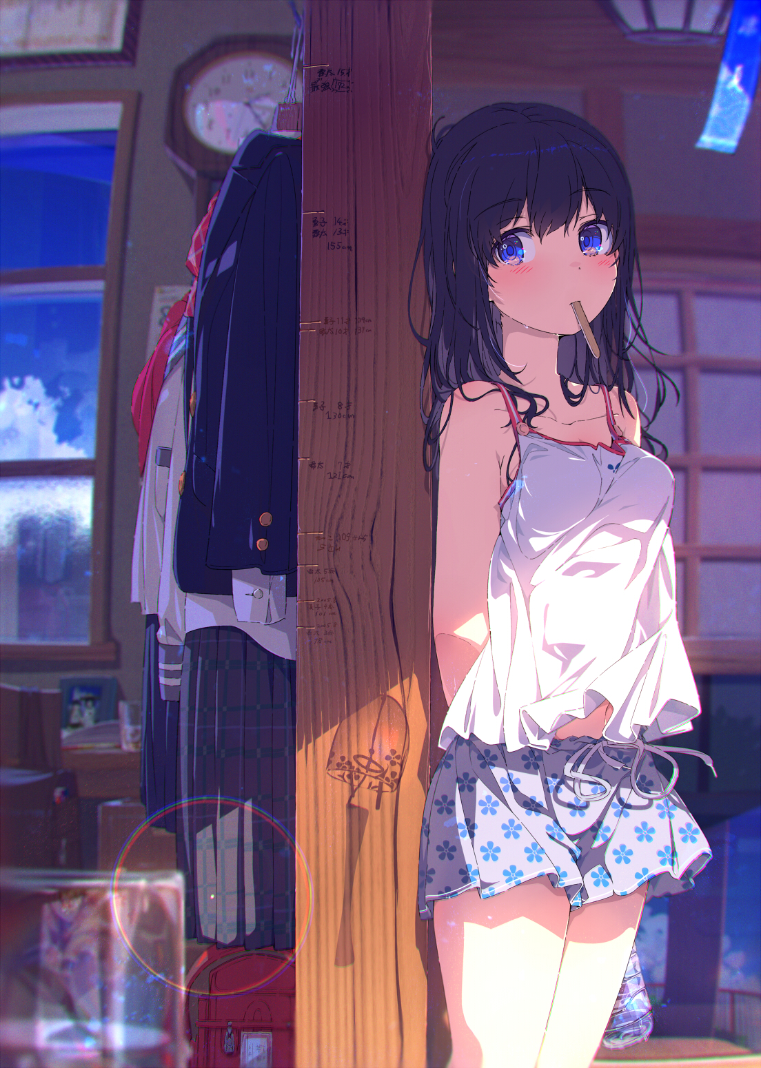Pixiv Artwork Portrait Display Anime Girls Blushing Shorts Sunlight Clothes Window Clocks Ogipote 1104x1550