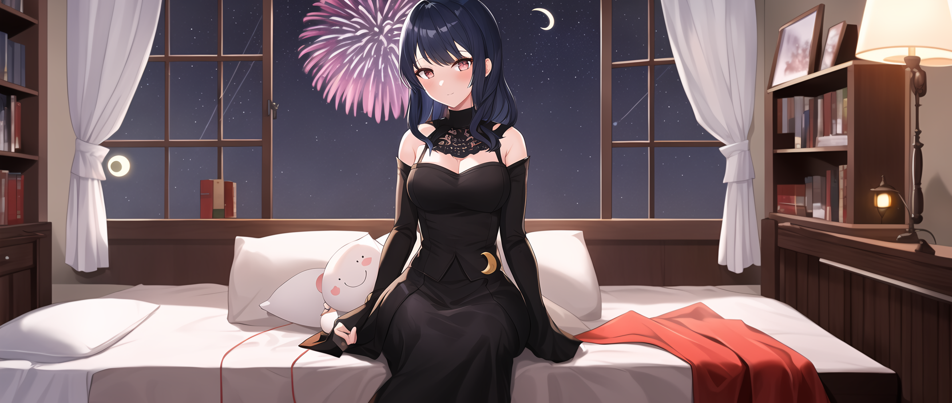 Ai Art Fireworks Bed Dress Window Frames Shooting Stars Black Dress Crescent Moon Anime Girls 3328x1408