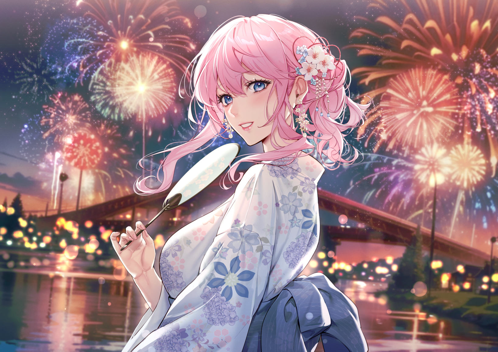 Anime Anime Girls Fireworks Fans Pink Hair Blue Eyes Blushing Smiling Looking At Viewer Kimono Water 1637x1158