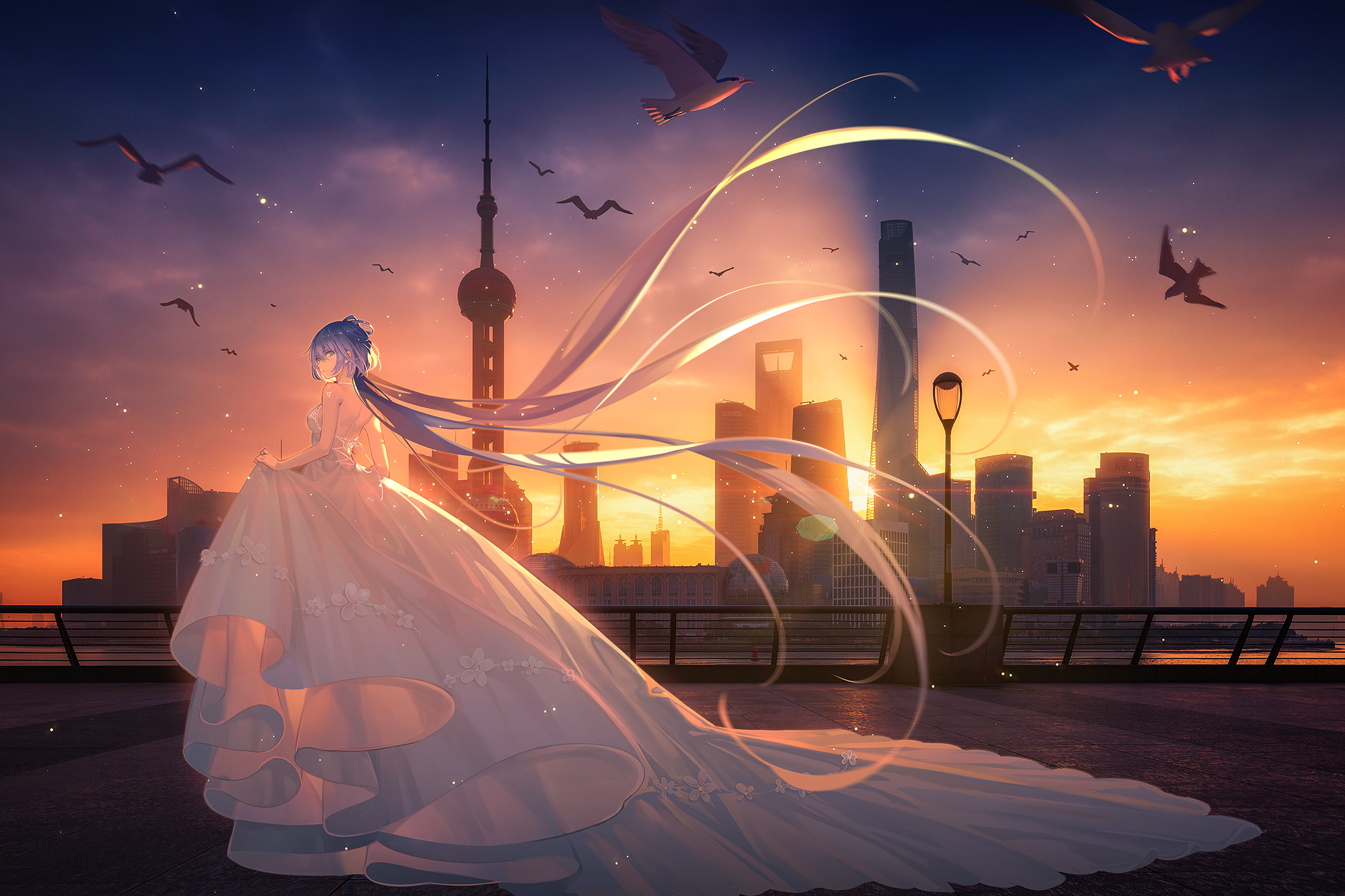 Anime Anime Girls Pixiv Sunlight Sky Sunset Sunset Glow Looking At Viewer Dress Lifting Dress Standi 2000x1333