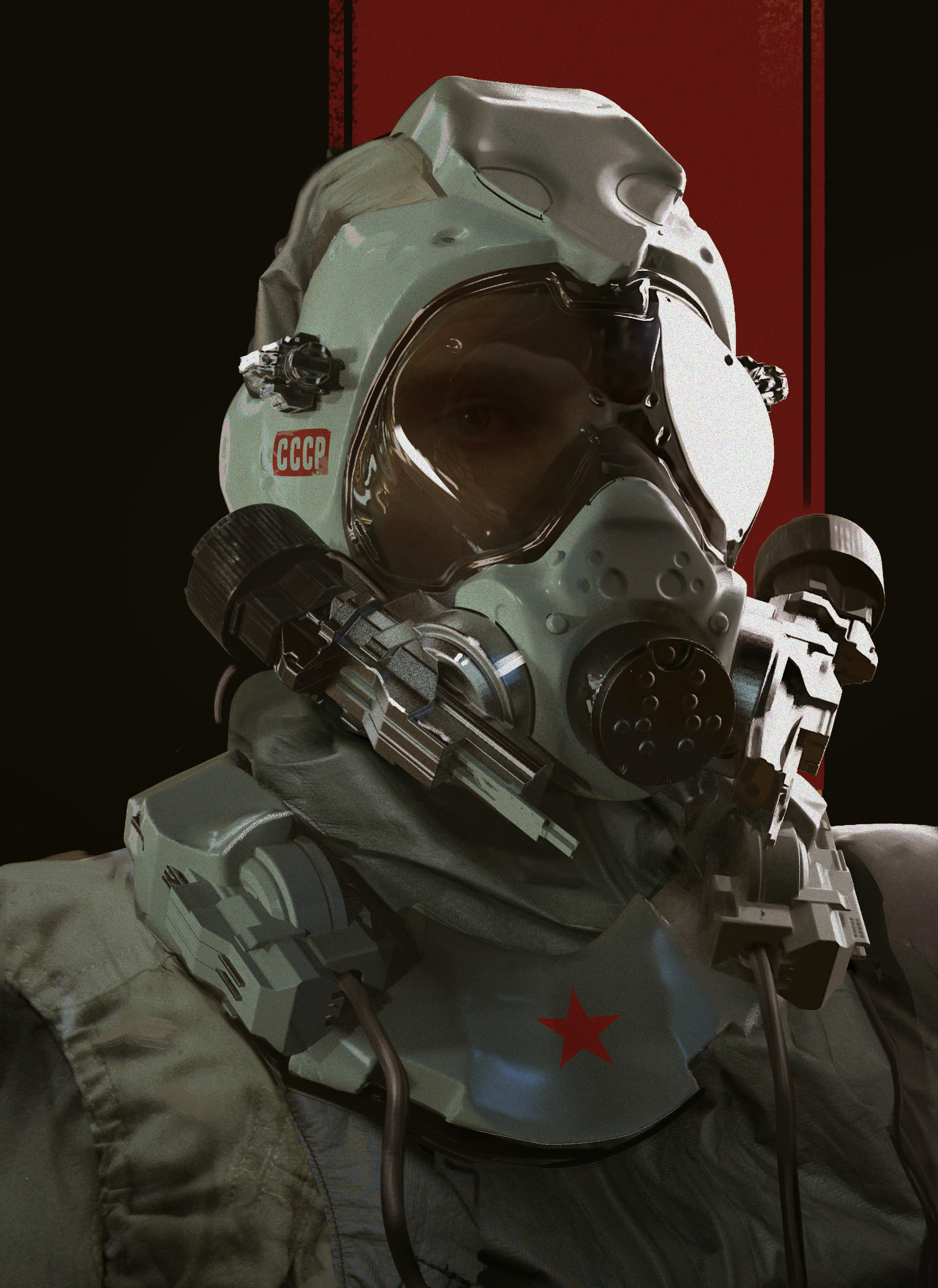 Communism USSR Space Spacesuit Science Fiction Tech Red White Black Artwork Digital Art 1920x2637