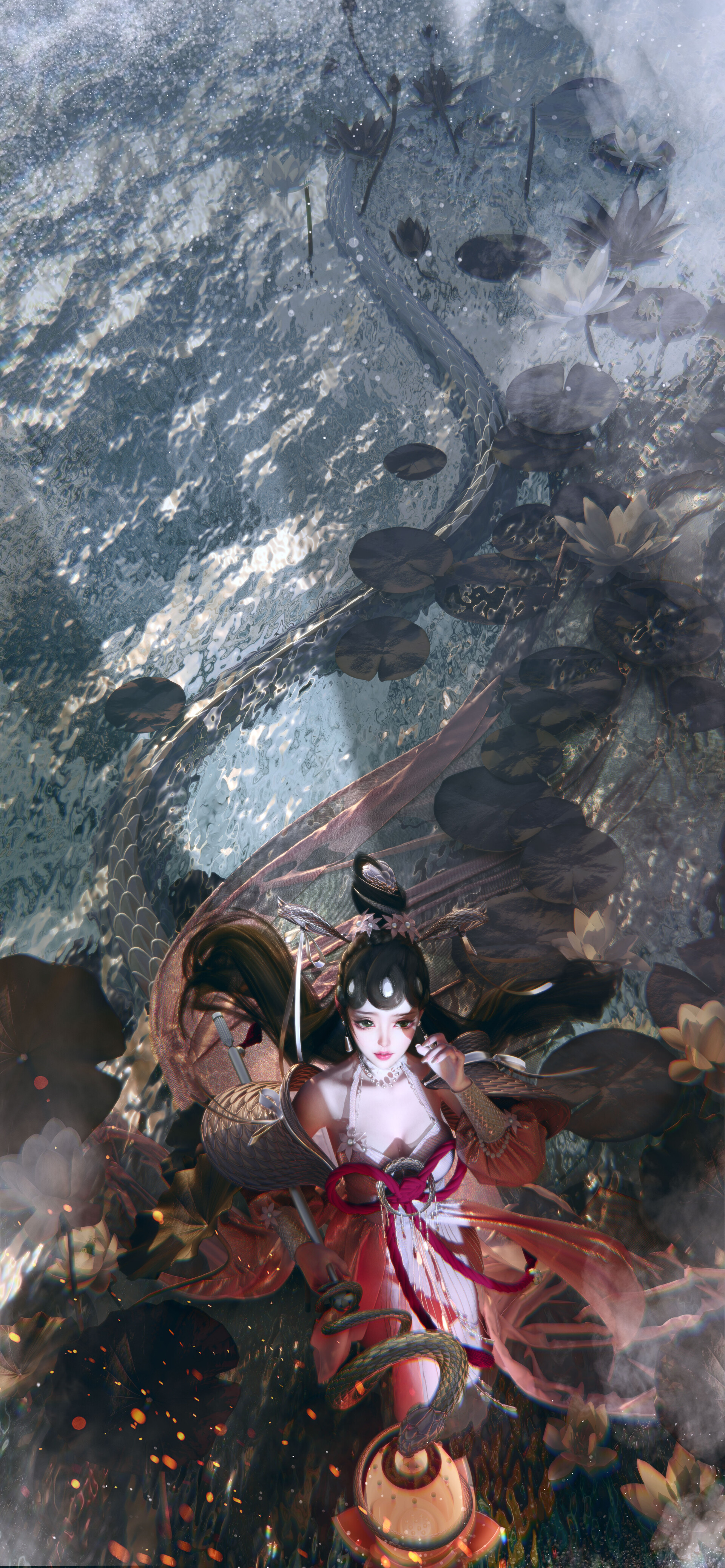 Lu Jieyun Artwork Digital Art Game Characters Fan Art Honor Of Kings White Snake Lake Water Lotus Lo 1920x4154