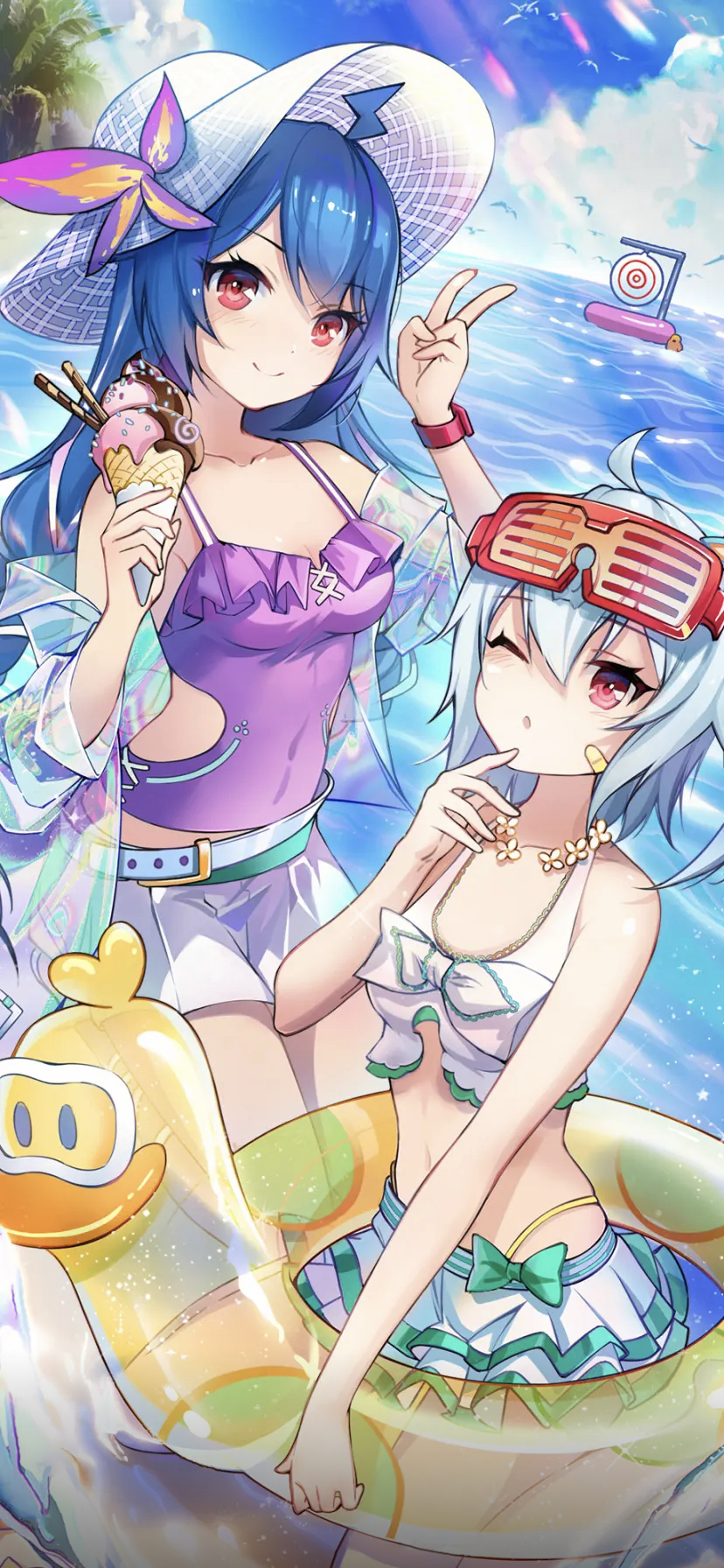 Bilibili Bilibili Douga Digital Art Anime Girls Goggles Hat Floater Water Ice Cream Peace Sign 828x1792