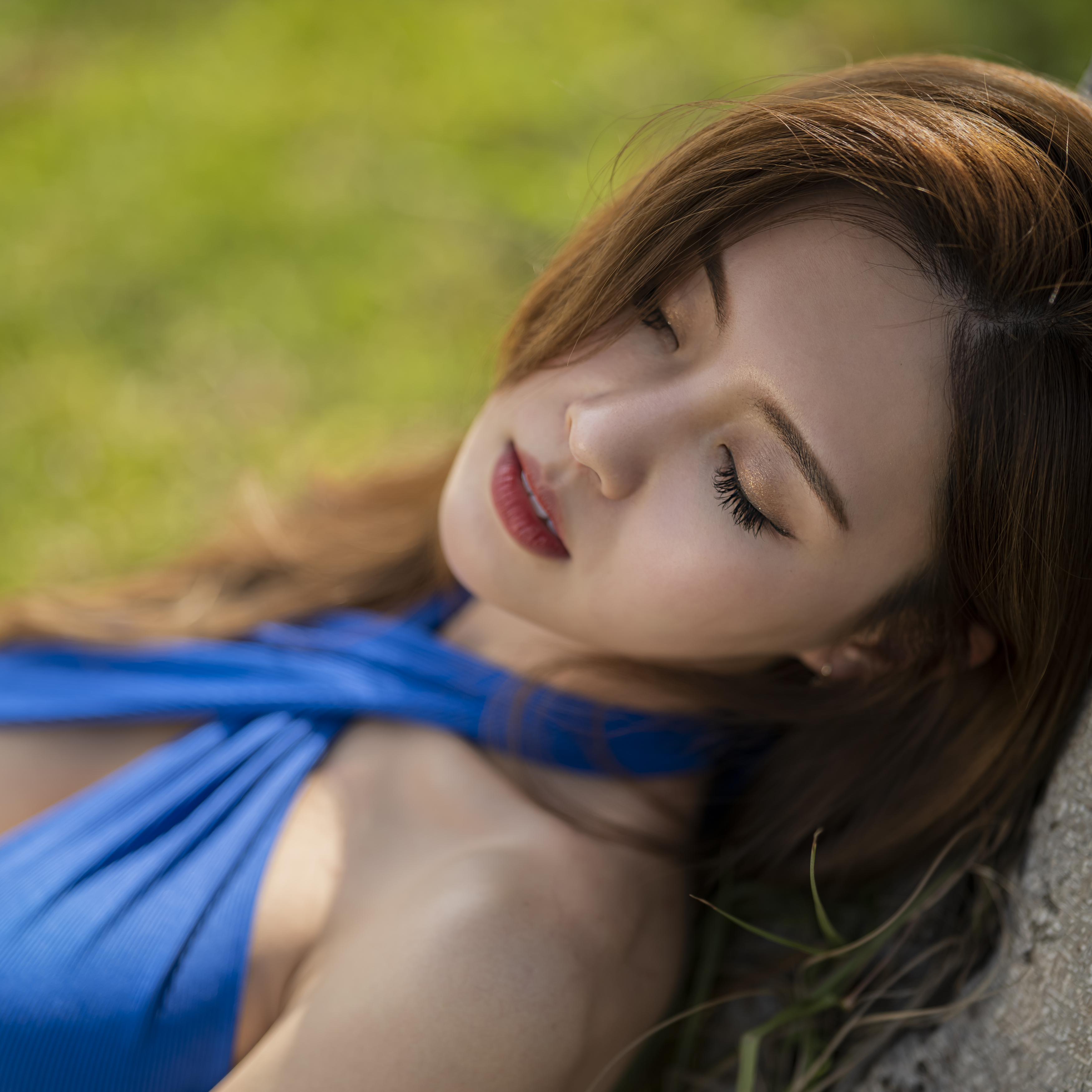 Chou Hsuan Yung Women Brunette Closed Eyes Asian Portrait Blue Grass Relaxing 3500x3500