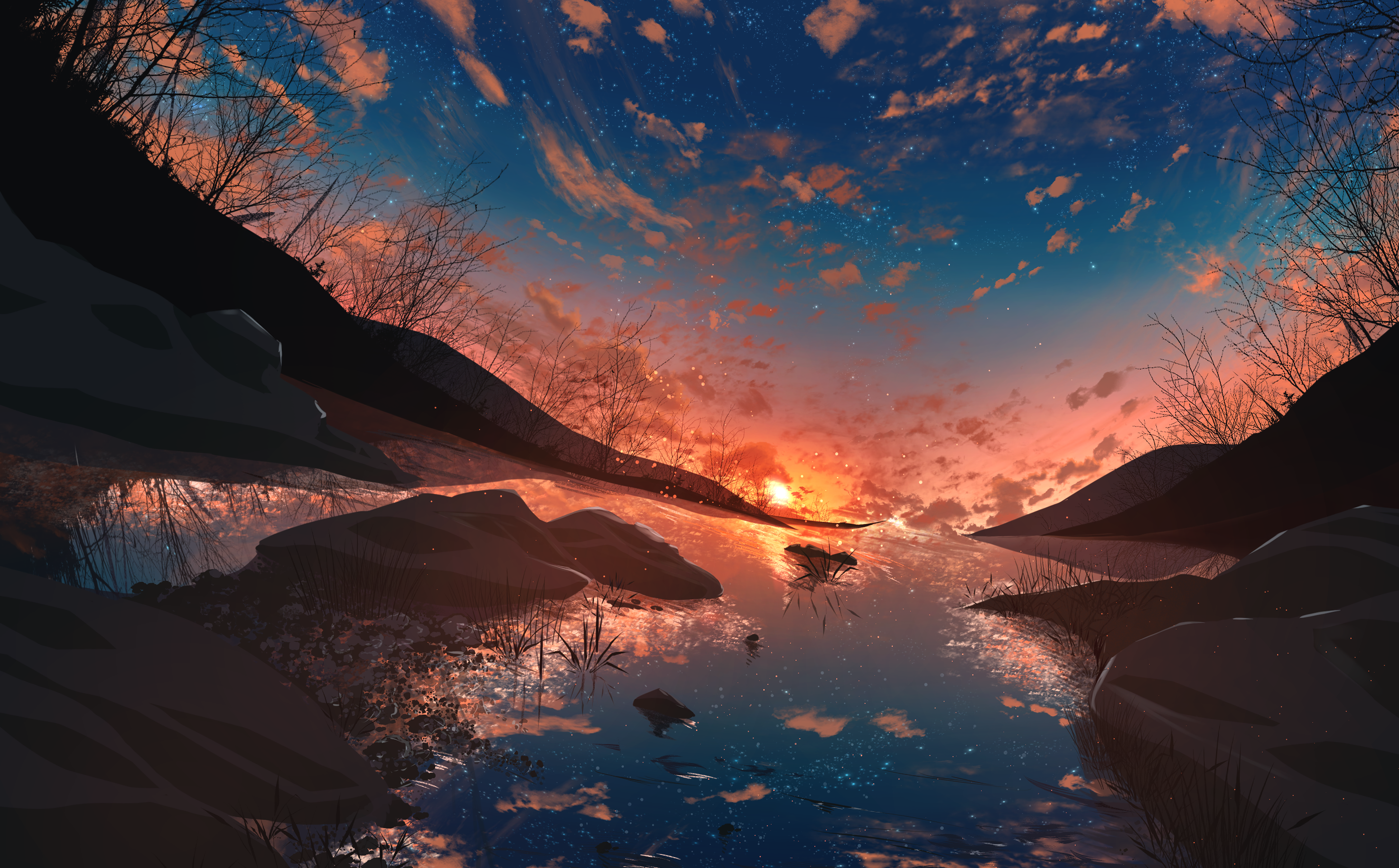 Pixiv Artwork Water Sky Clouds Sunset Sunset Glow Stars Digital Art Branch 2948x1831