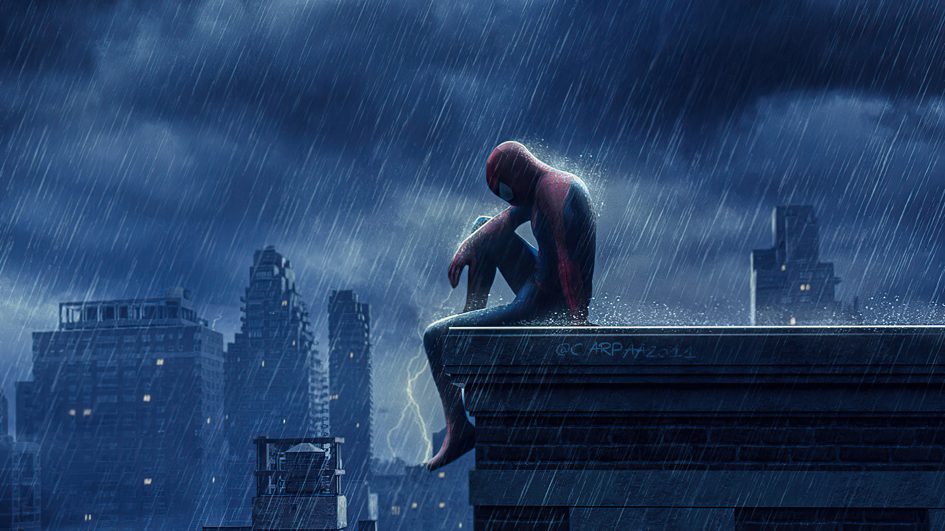 The Amazing Spider Man 2 Fan Art Peter Parker Rain Sitting Sad Looking Below Rooftops Cityscape Artw 1920x1080