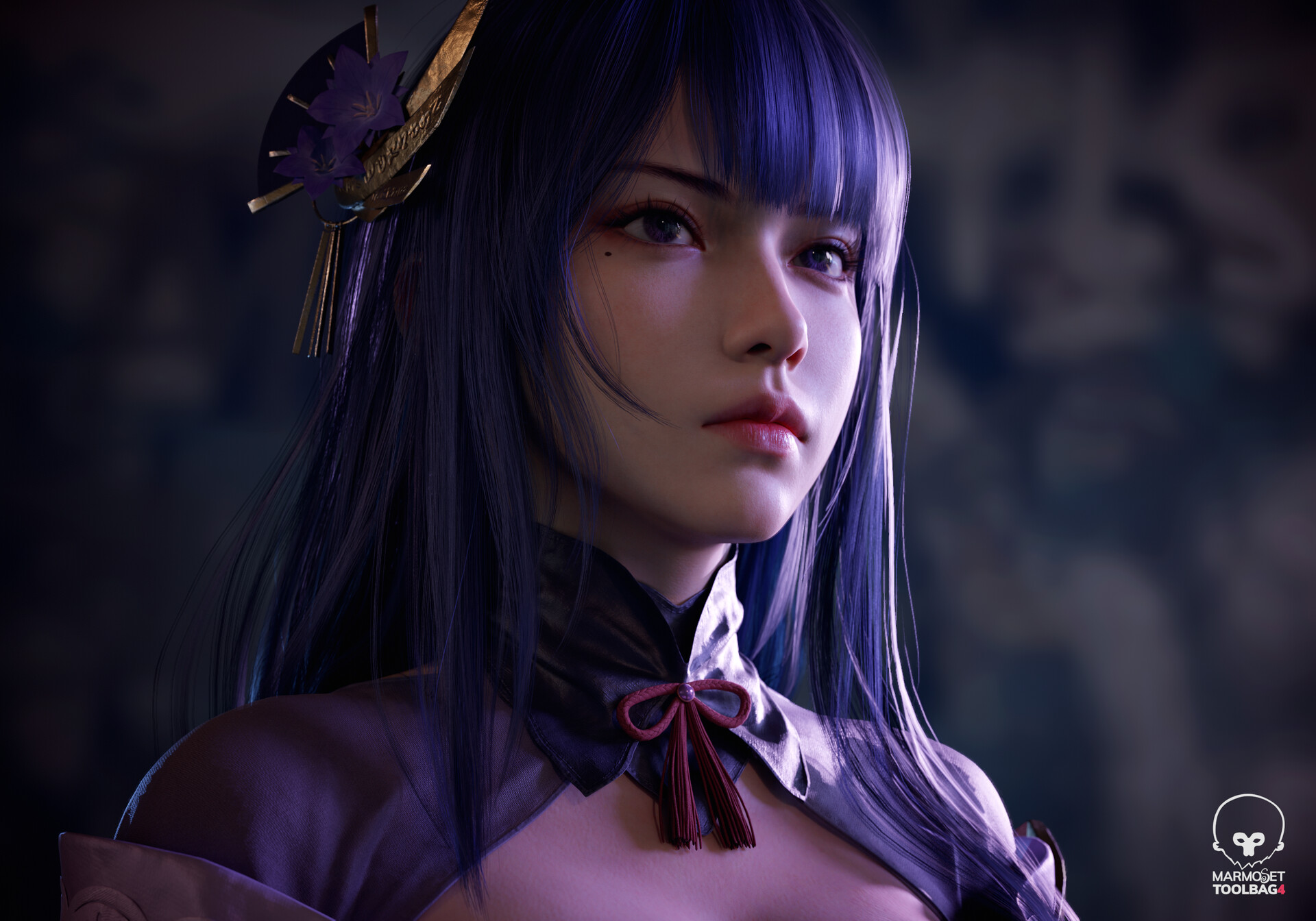 Haowen Yang CGi Women Purple Hair Knot Looking Away Portrait Hair Accessories Raiden Shogun Genshin  1920x1344