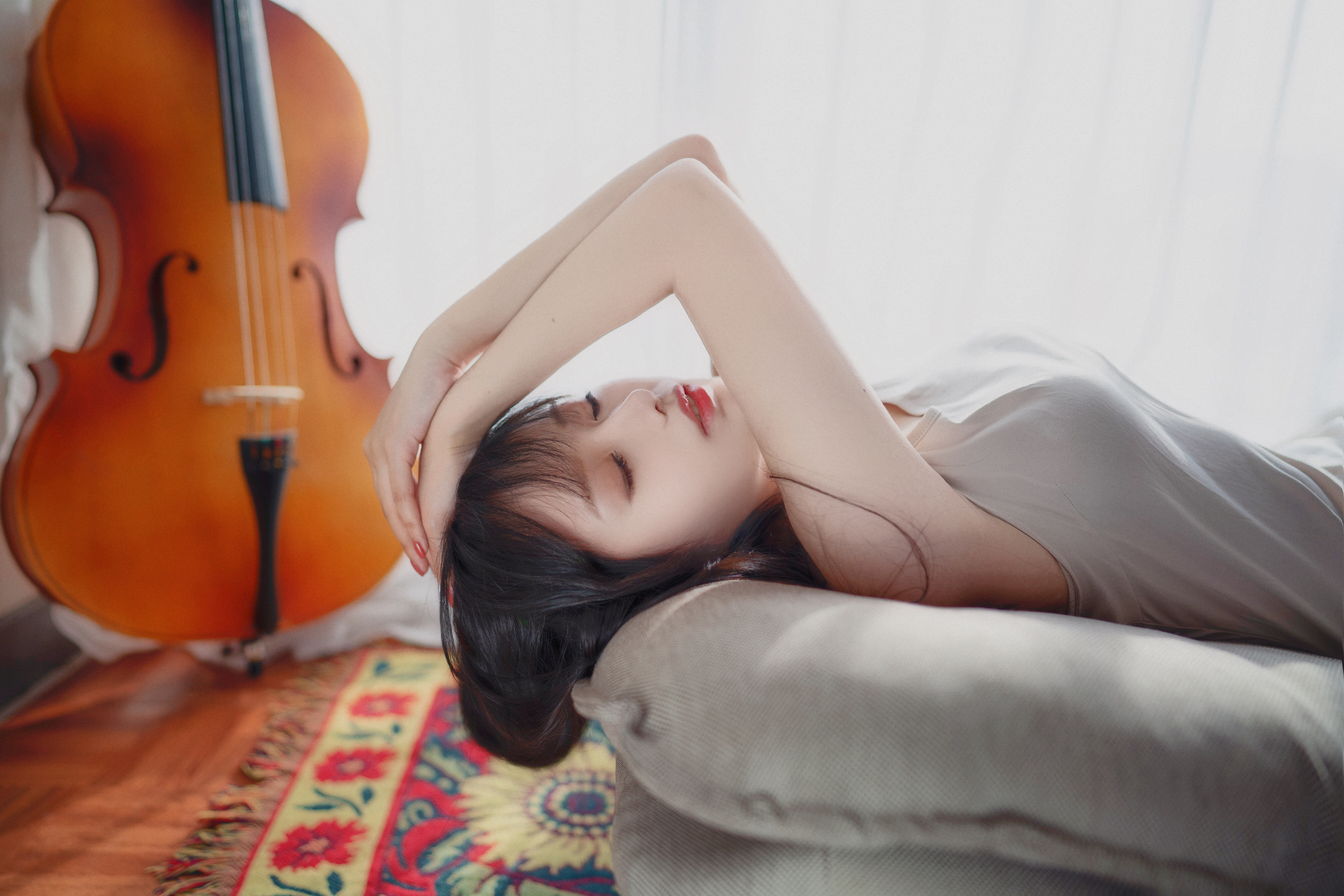 Asian Women Indoors Women Indoors Cello Brunette Lying Down Closed Eyes Bed 4032x2690