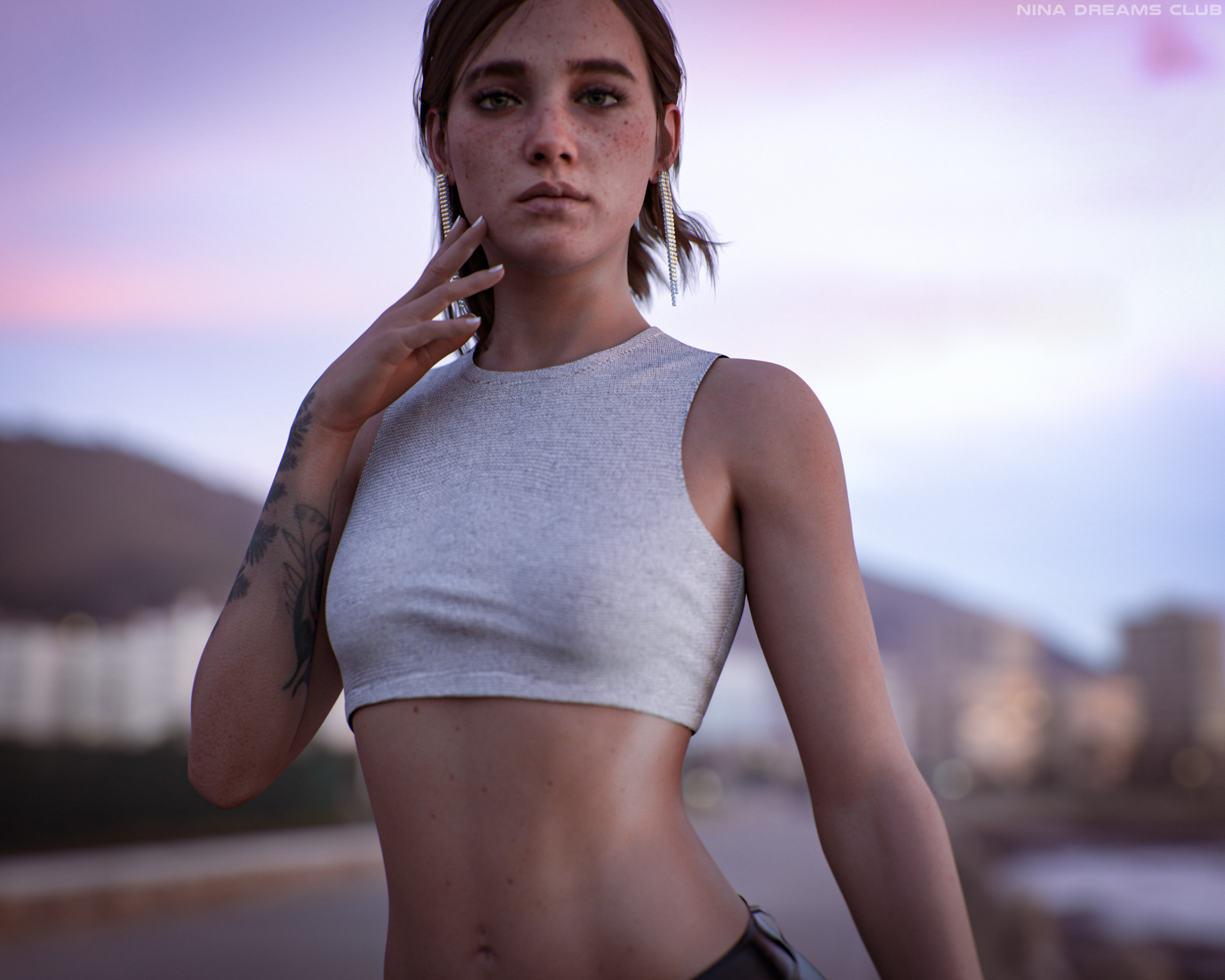 Tattoo Video Game Girls Ellie Williams The Last Of Us The Last Of Us 2 Freckles Bare Midriff Brunett 2560x2048