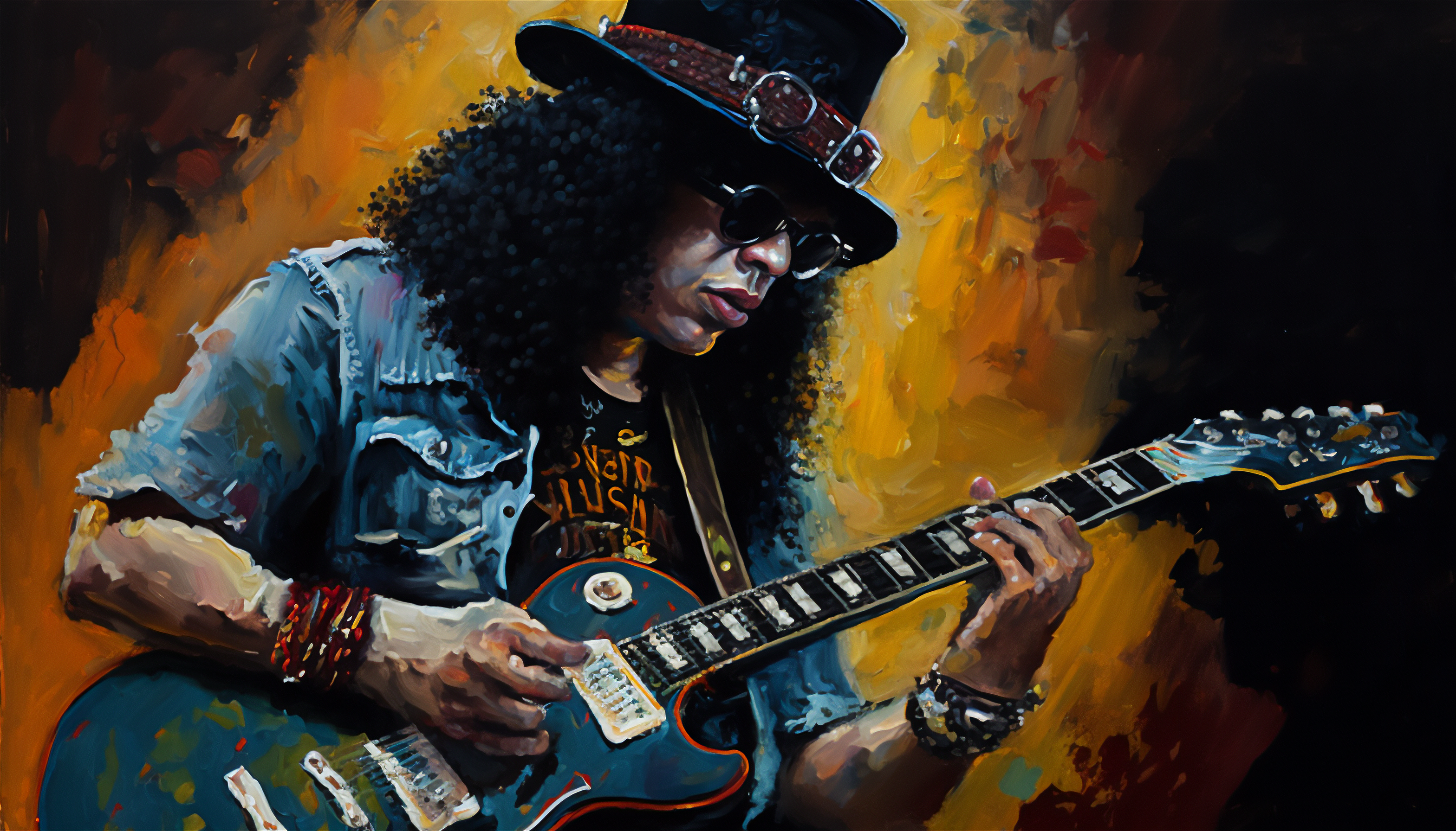 Ai Art Illustration Slash Oil Painting Guitar Musical Instrument Hat Sunglasses 3136x1792