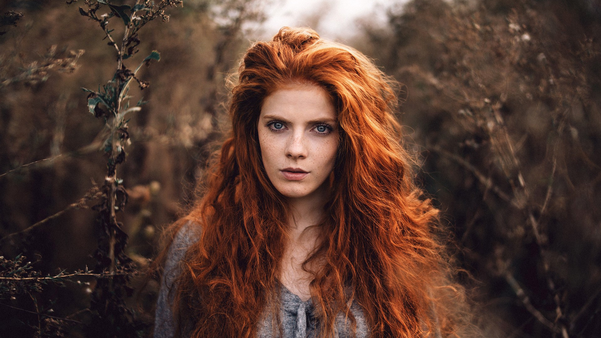 Women Long Hair Women Outdoors Redhead Looking At Viewer Trees Depth Of Field Martin Kuhn Blue Eyes  1920x1080