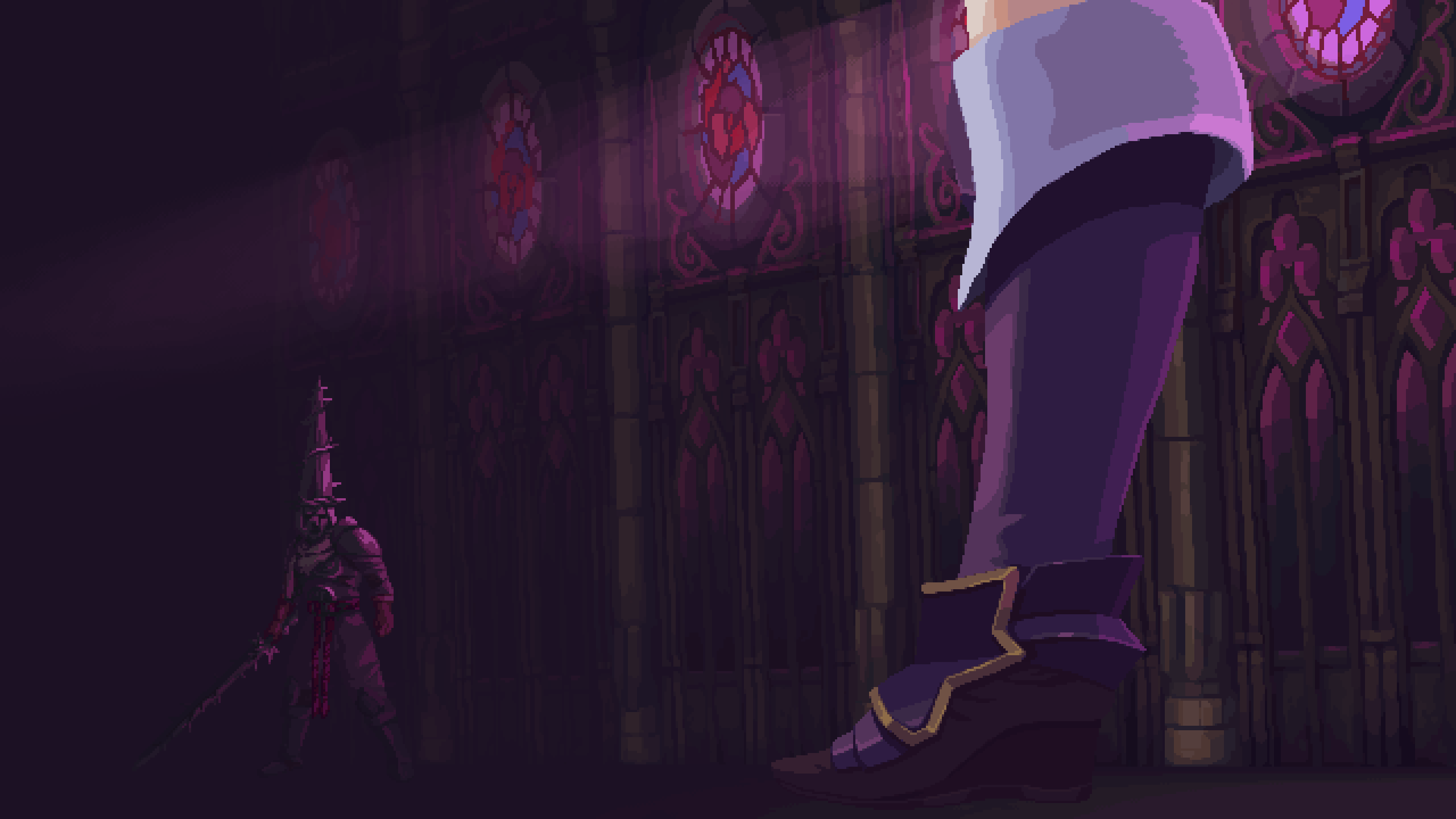 Blasphemous Purple Background Metroidvania Video Games Video Game Characters Pixel Art Stained Glass 2560x1440