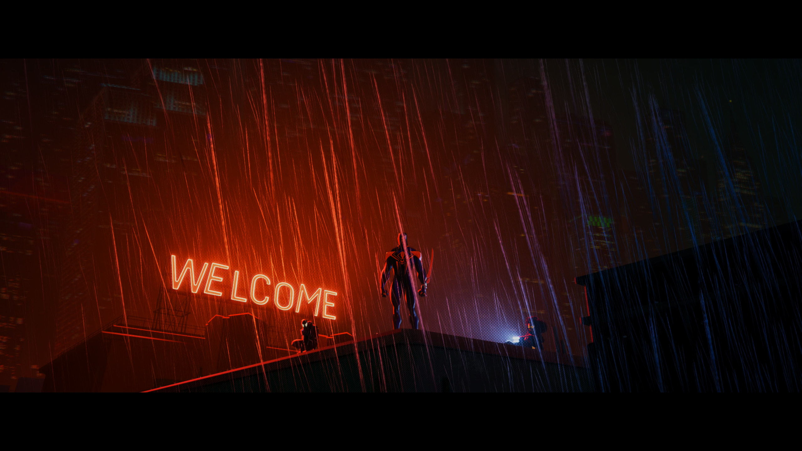 Spider Man Across The Spider Verse Spider Man Rain Sign Neon Standing Bodysuit Superhero 2560x1440