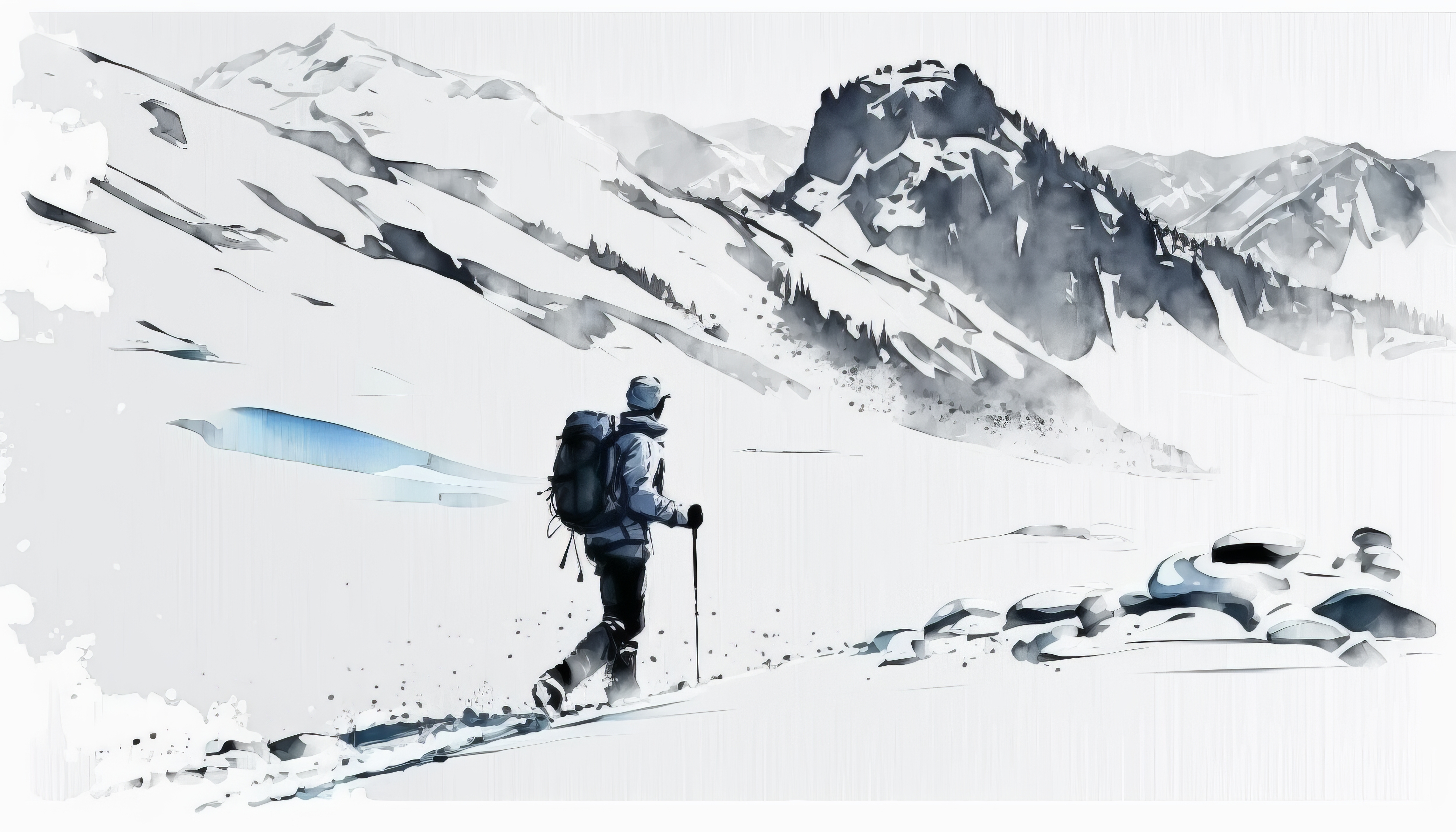 Ai Art Snow Winter Illustration Watercolor Style Hiker Landscape Mountains Nature 4579x2616