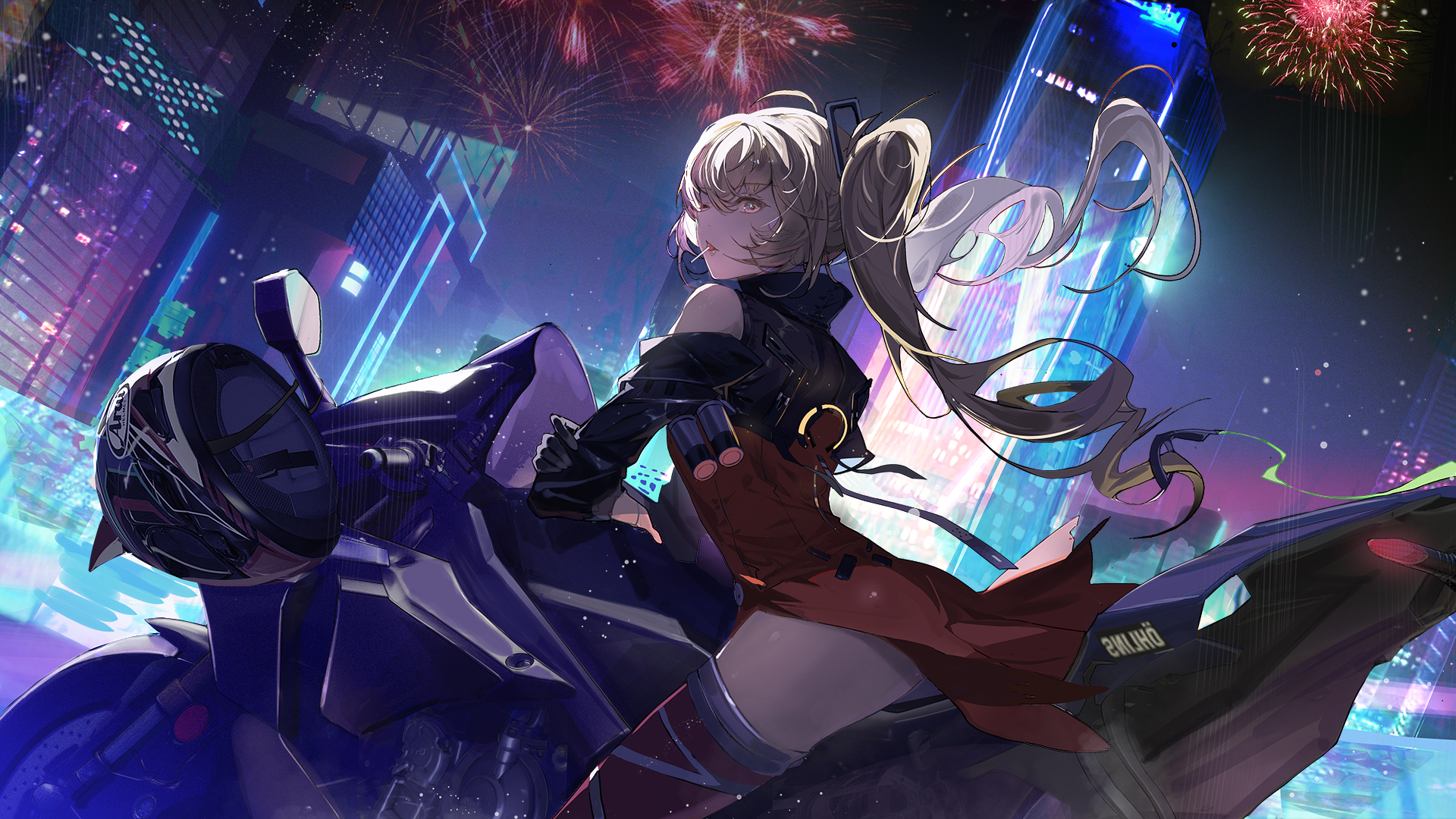 Anime Anime Girls Motorcycle Vehicle Building Fireworks Long Hair Twintails Lollipop Looking At View 1920x1080