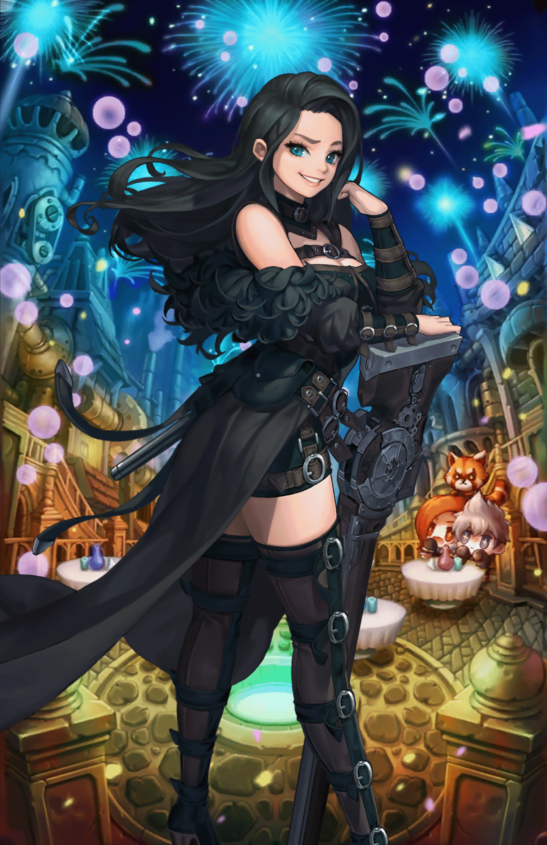 Guardian Tales Hekate Guardian Tales Sniper Rifle Dark Hair Blue Eyes Black Dress 1799x2778