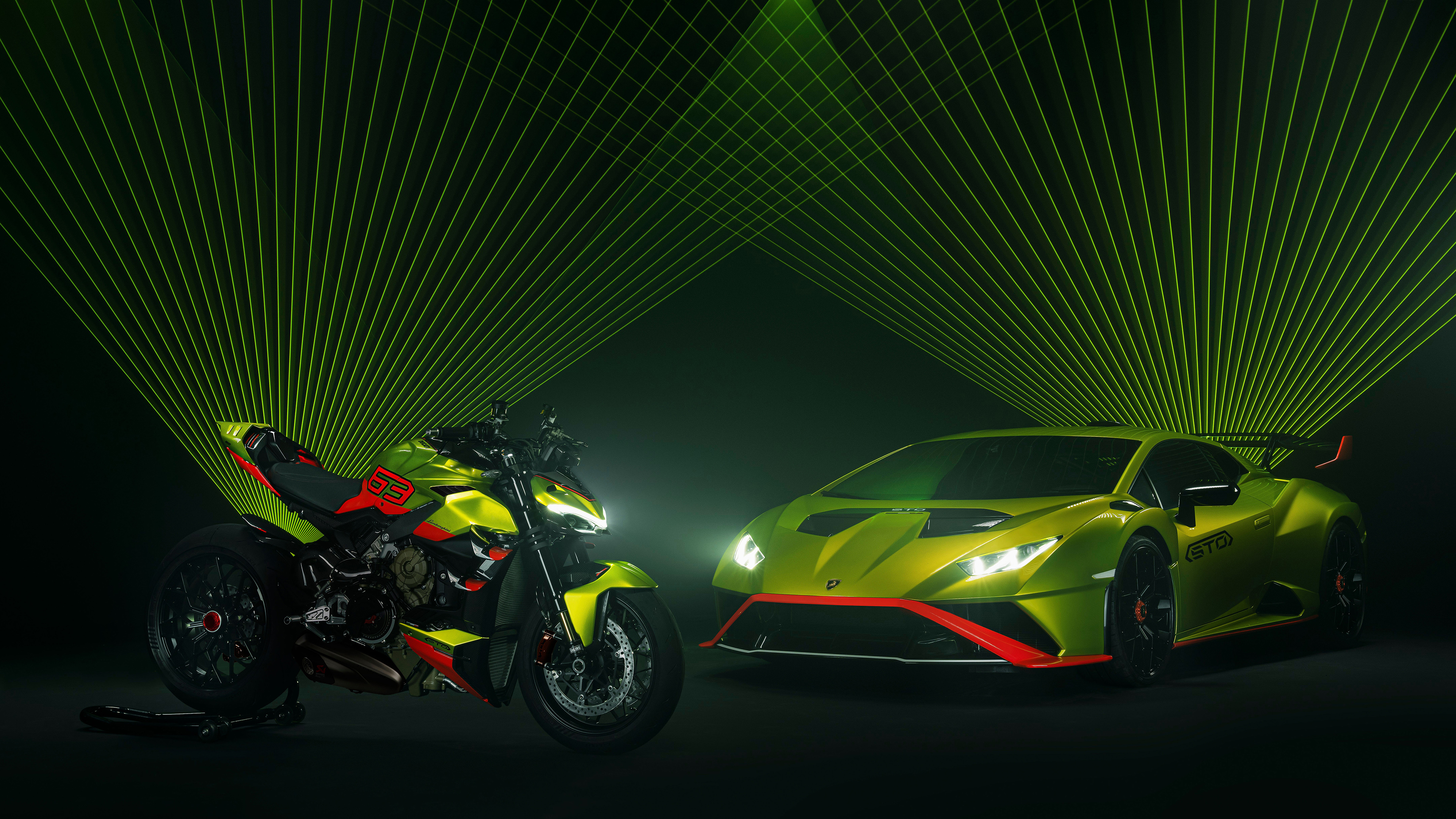 Ducati Streetfighter 848 Lamborghini Huracan STO Car Vehicle Motorcycle Low Light Headlight Beams Gr 3840x2160