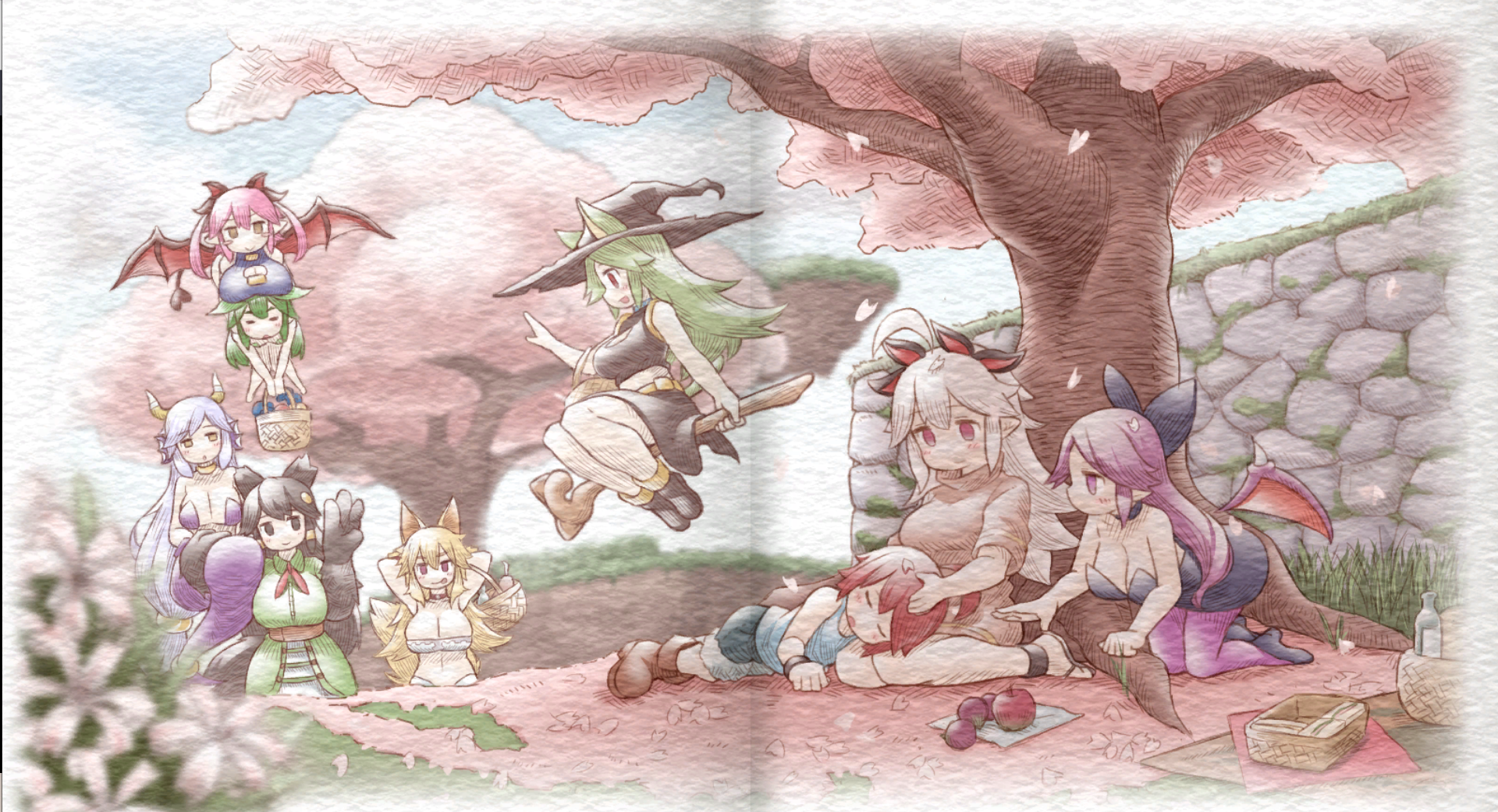 Beast Eared Maiden Chibi Succubus Love Anime Girls Cherry Blossom Petals Witch Hat Witchs Broom Wing 1920x1041