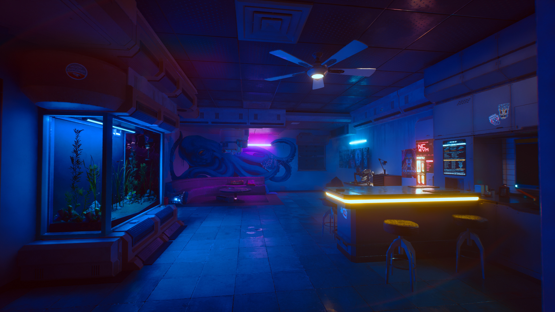 Cyberpunk 2077 Night Video Games CGi Video Game Art Interior Neon Fish Tank 1920x1080