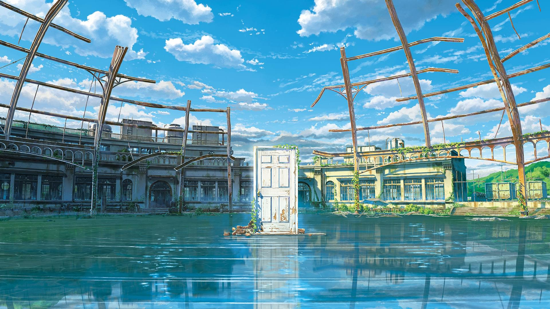 Suzume Japanese Water Sky Clouds Door Reflection Anime Screenshot Anime Building 1920x1080