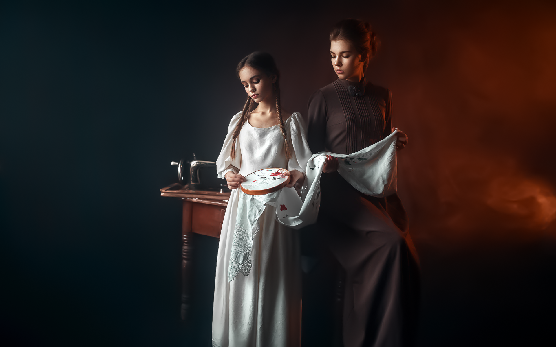 Ivan Losev Women Two Women Brunette Twintails Dress White Clothing Brown Clothing Sewing Machine Stu 1920x1200