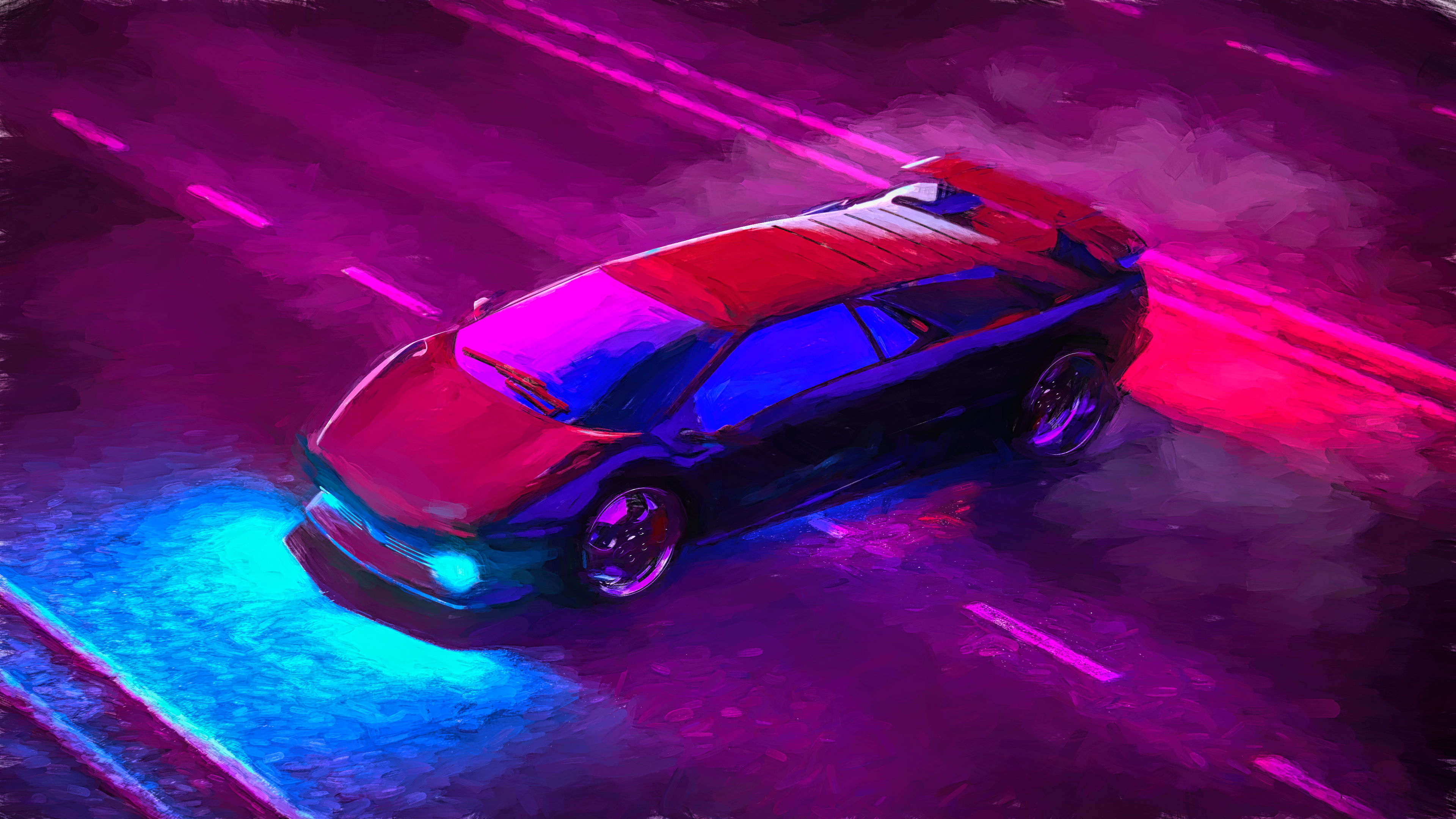 3D Graphics CGi Digital Art Shader Oil Painting Painting Car Neon Lights Road Lamborghini Diablo 3840x2160