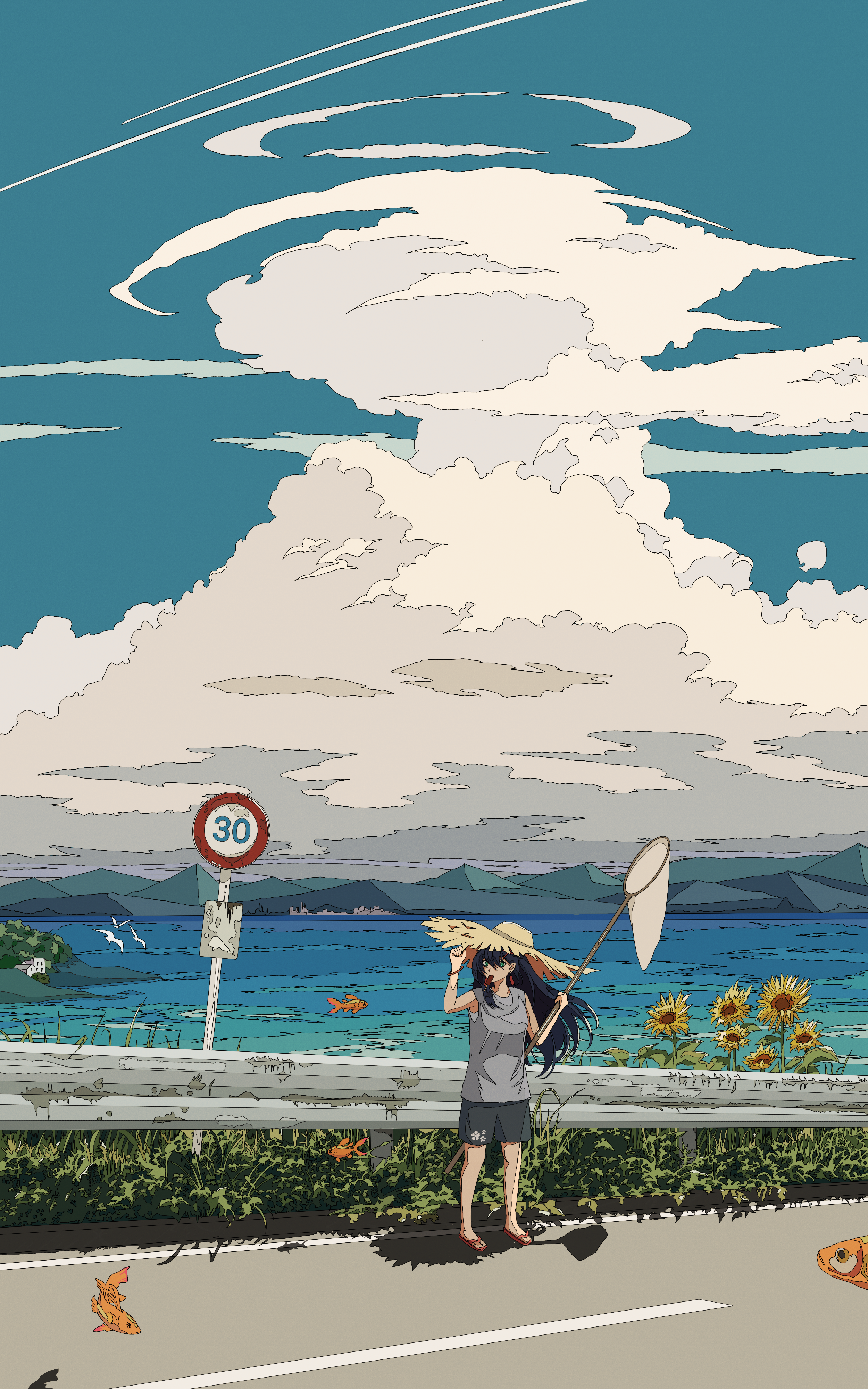 Umijin Anime Digital Art Artwork Illustration Environment Portrait Display Road Sea Water Flowers Su 2500x4000