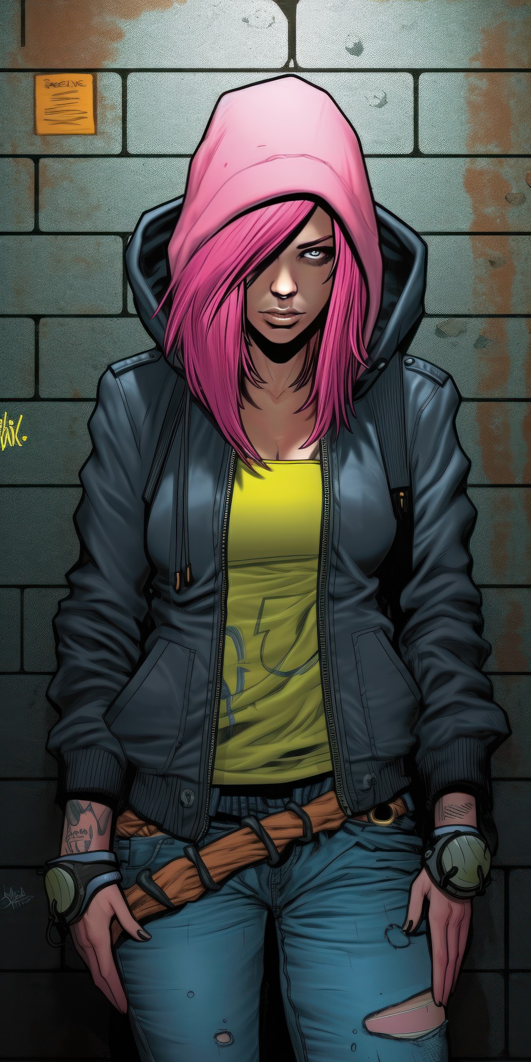 Ai Art Vertical Portrait Display Women Comics Pink Hair Hooded Jacket Alleyway Hair Over One Eye Loo 1080x2160