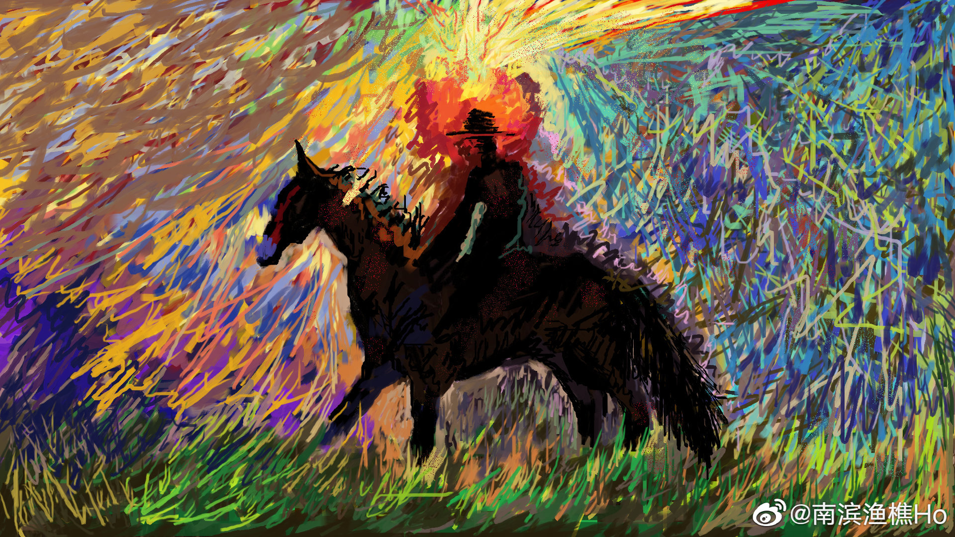 Cowboy Digital Painting Modern Sun Rays Landscape Horse Riding Nature Painting Artwork 1920x1080