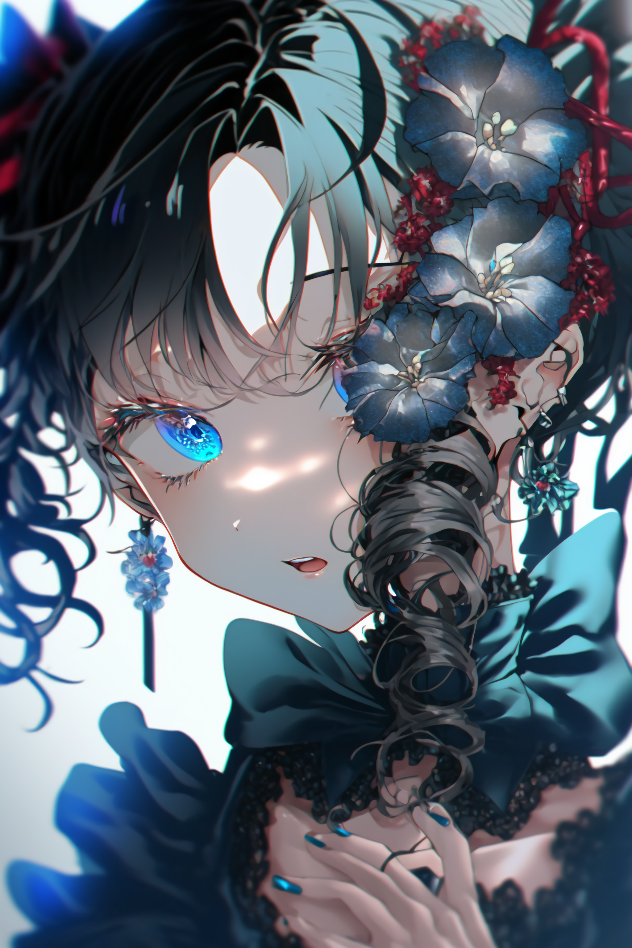 Anime Girls Flowers Blue Eyes Vertical Flower In Hair One Eye Obstructed Eyes Twintails 2048x3072