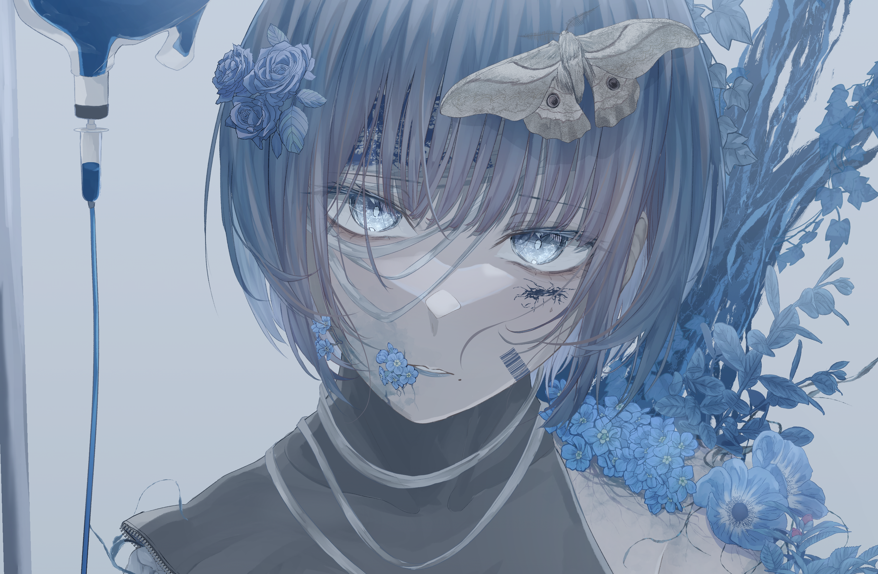 Anime Anime Girls Short Hair Flower In Hair Barcode Flowers Moles Mole Under Mouth Looking At Viewer 2991x1957