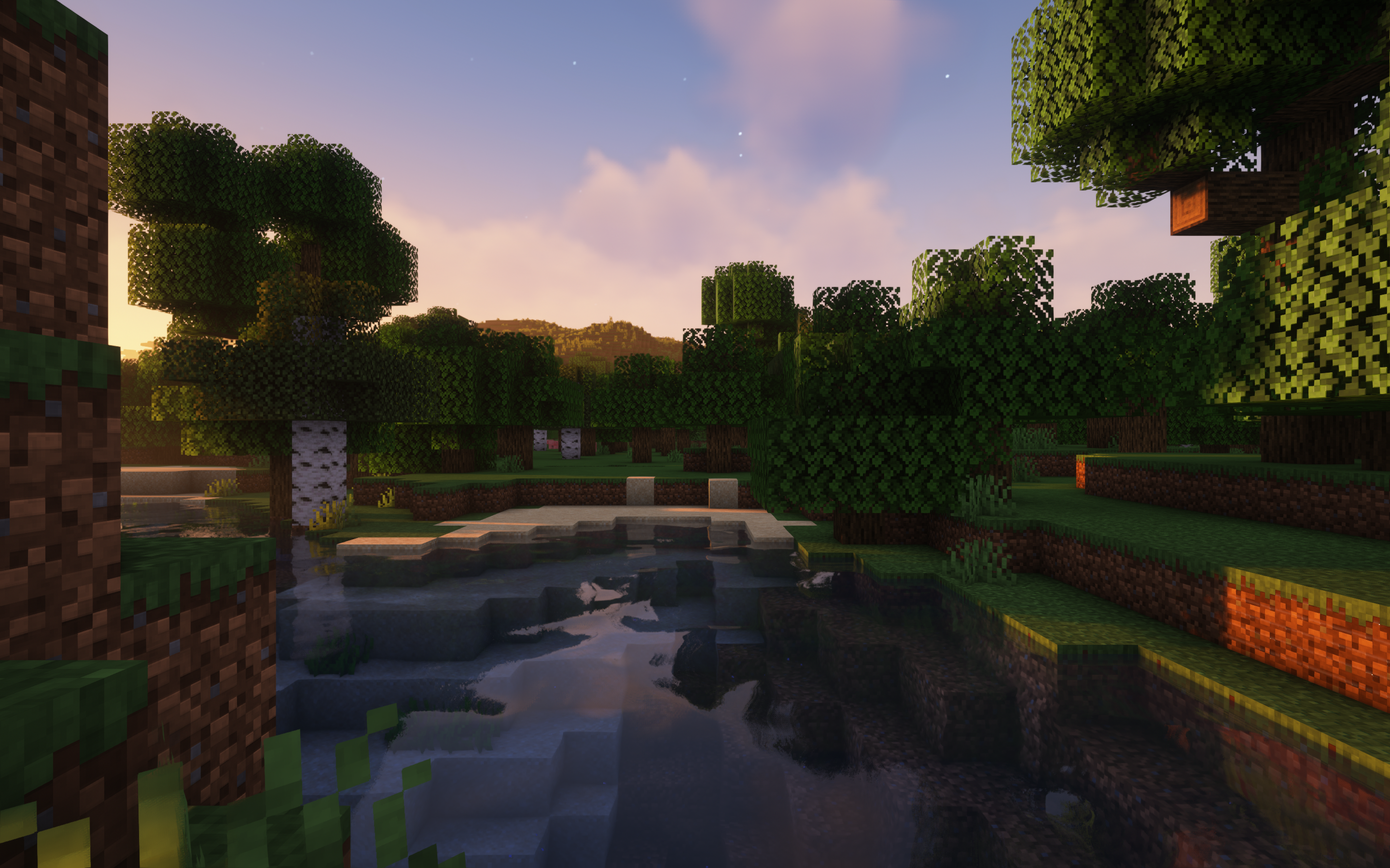Minecraft Shaders Video Games Water Trees Reflection Sky Clouds Sunset Sunset Glow Cube CGi 2880x1800