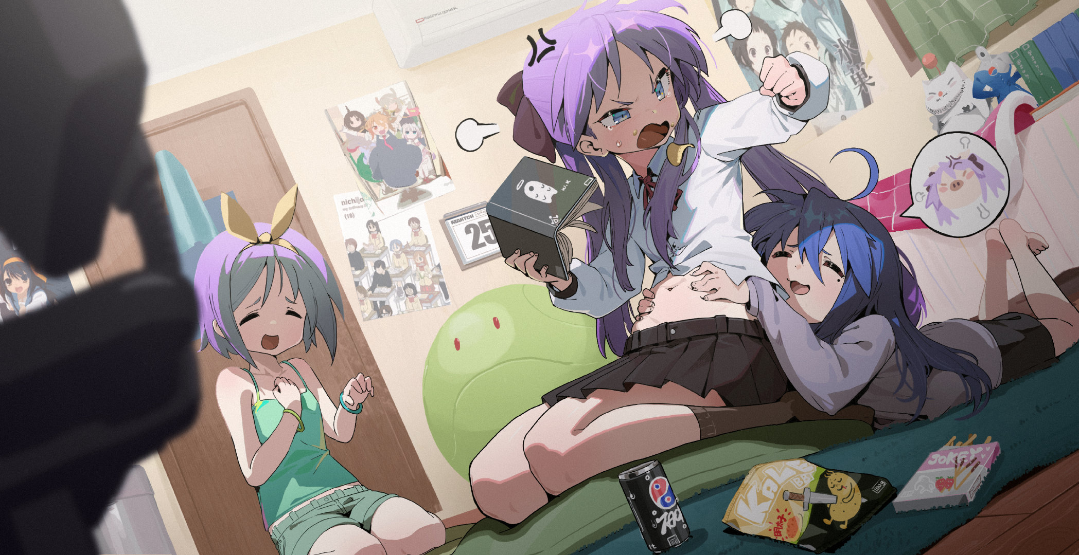 Waterkuma Pixiv Lucky Star Anime Anime Girls Closed Eyes Blue Hair Purple Hair School Uniform Drink  2097x1080