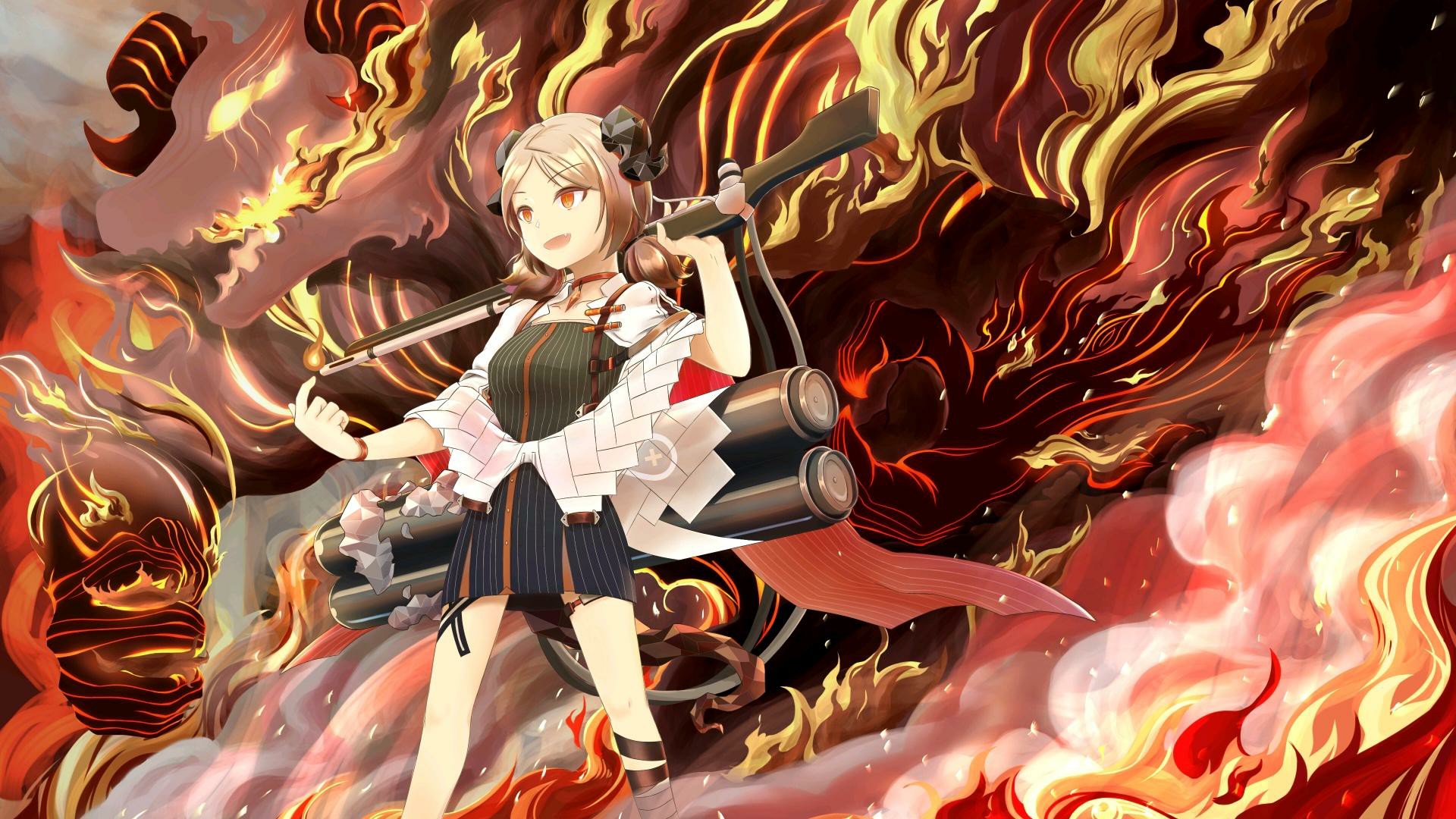 Arknights Ifrit Arknights Fire Looking Away Standing Anime Girls Horns Creature Gun Choker 1920x1080