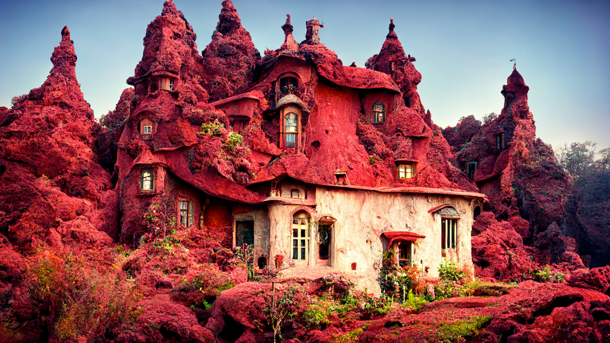 Fantasy Architecture Red House Mansion Fairy Tale Hills Nature Roof Garden 2048x1152