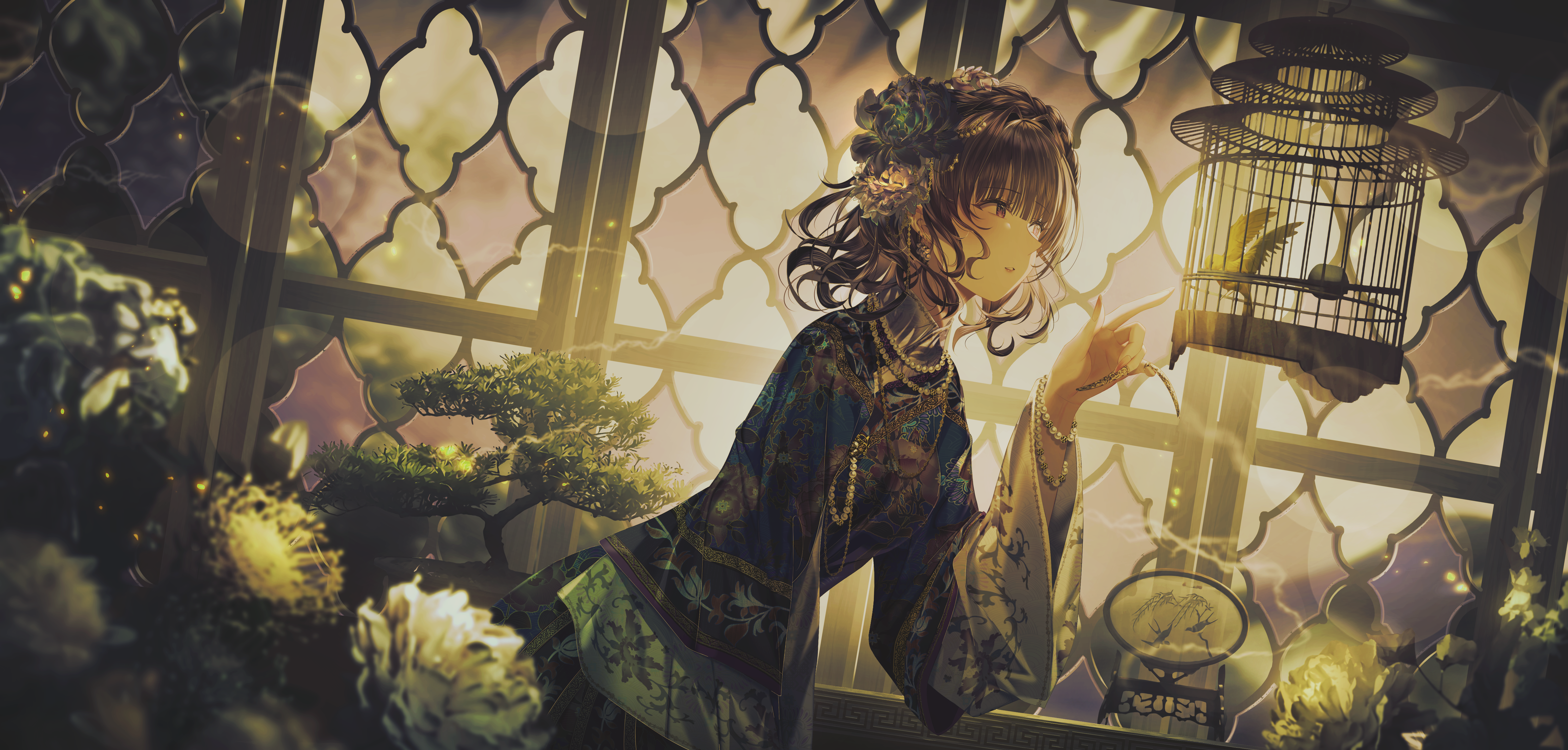 Anime Anime Girls Short Hair Dress Flowers Window Sunlight Cages Birds Flower In Hair 6528x3124