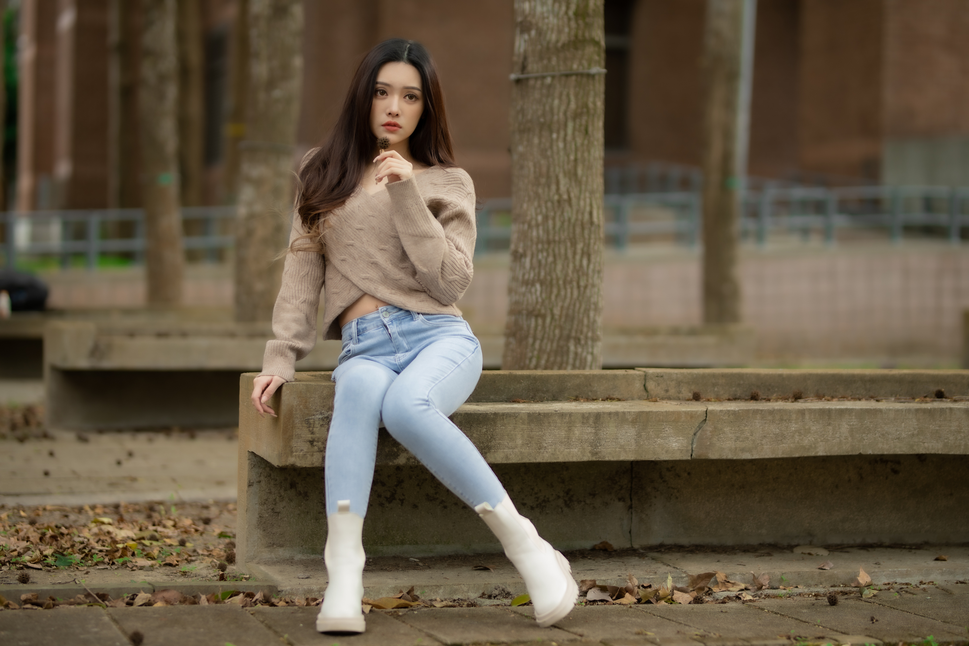 Asian Model Women Long Hair Dark Hair Sitting Bench Depth Of Field Ankle Boots Jeans Pullover Trees 3840x2560